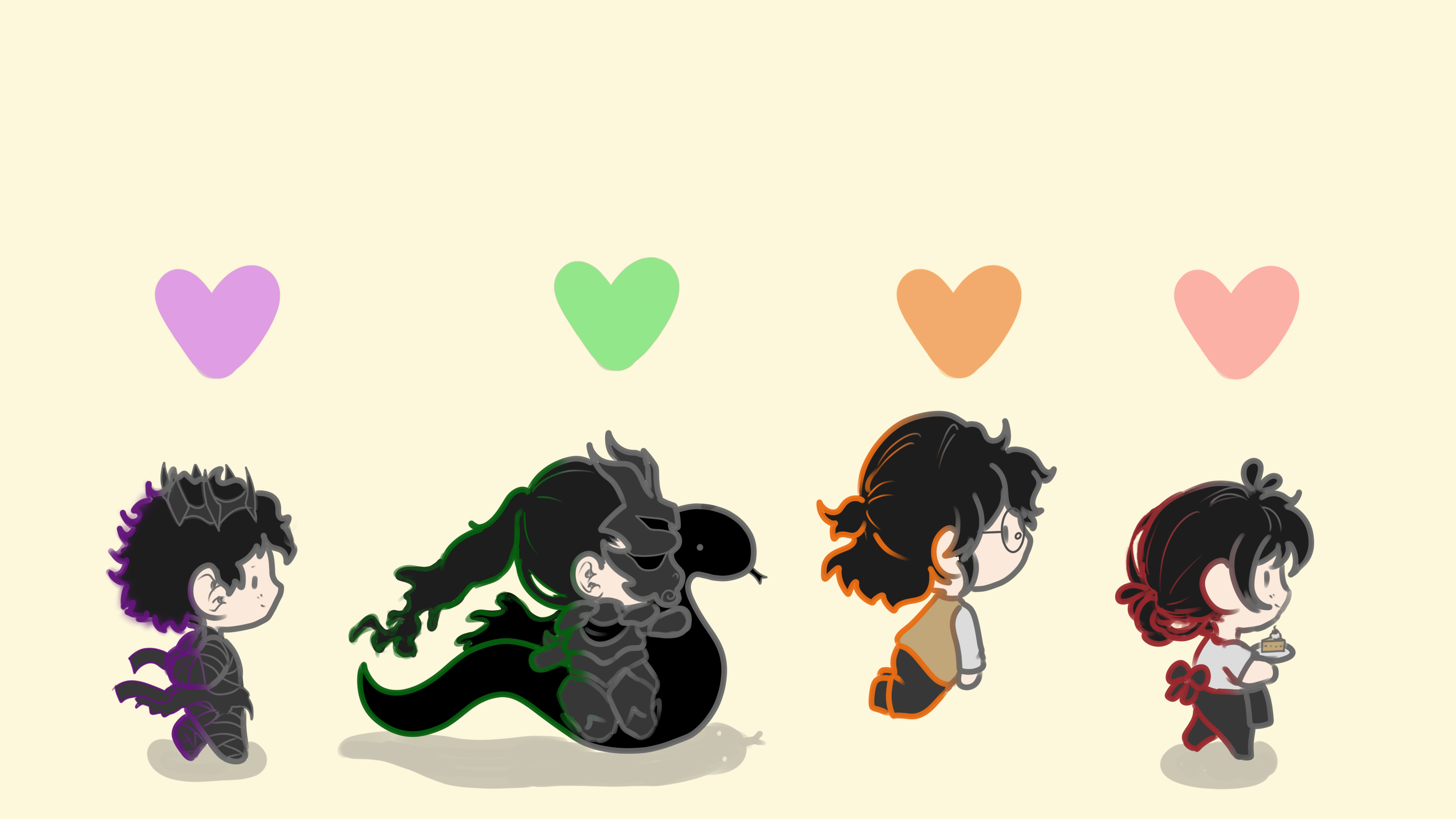 sunny (shadow slave), shadow slave, absurdres, bad link, highres, 4boys, apron, back bow, bandaged torso, black hair, black snake, bow, chibi, chibi only, covered face, crown, floating, from side, full body, glasses, holding, holding plate, horns, long hair, mask, multiple boys, multiple persona, plate, riding, riding animal, standing, tunic, yule0727