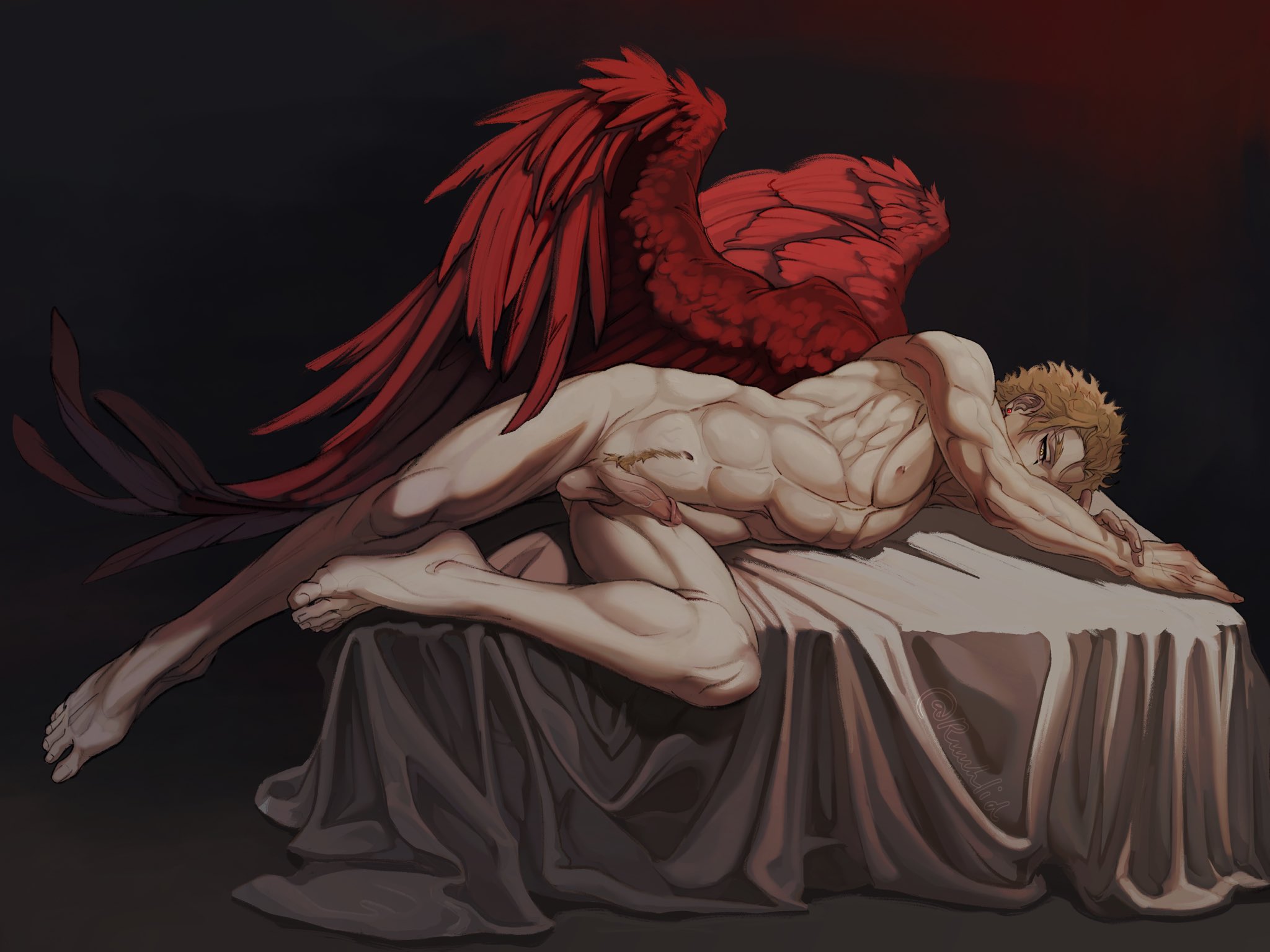 hawks (boku no hero academia), boku no hero academia, commentary, highres, 2boys, blonde hair, completely nude, earrings, feathered wings, feathers, feet, full body, jewelry, looking at viewer, lying, male focus, male pubic hair, multiple boys, nipples, nude, on side, pectorals, penis, pubic hair, red feathers, red wings, ruuhlid, short hair, testicles, toenails, toes, toned, toned male, wings