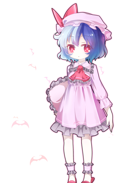 curtain (posuinochuanglian), remilia scarlet, touhou, resized, ankle cuffs, bat (animal), blue hair, bow, colored eyelashes, cushion, expressionless, eyelashes, frills, hat, holding, night, nightgown, no nose, pillow, pixiv thumbnail, red eyes, short hair, slippers