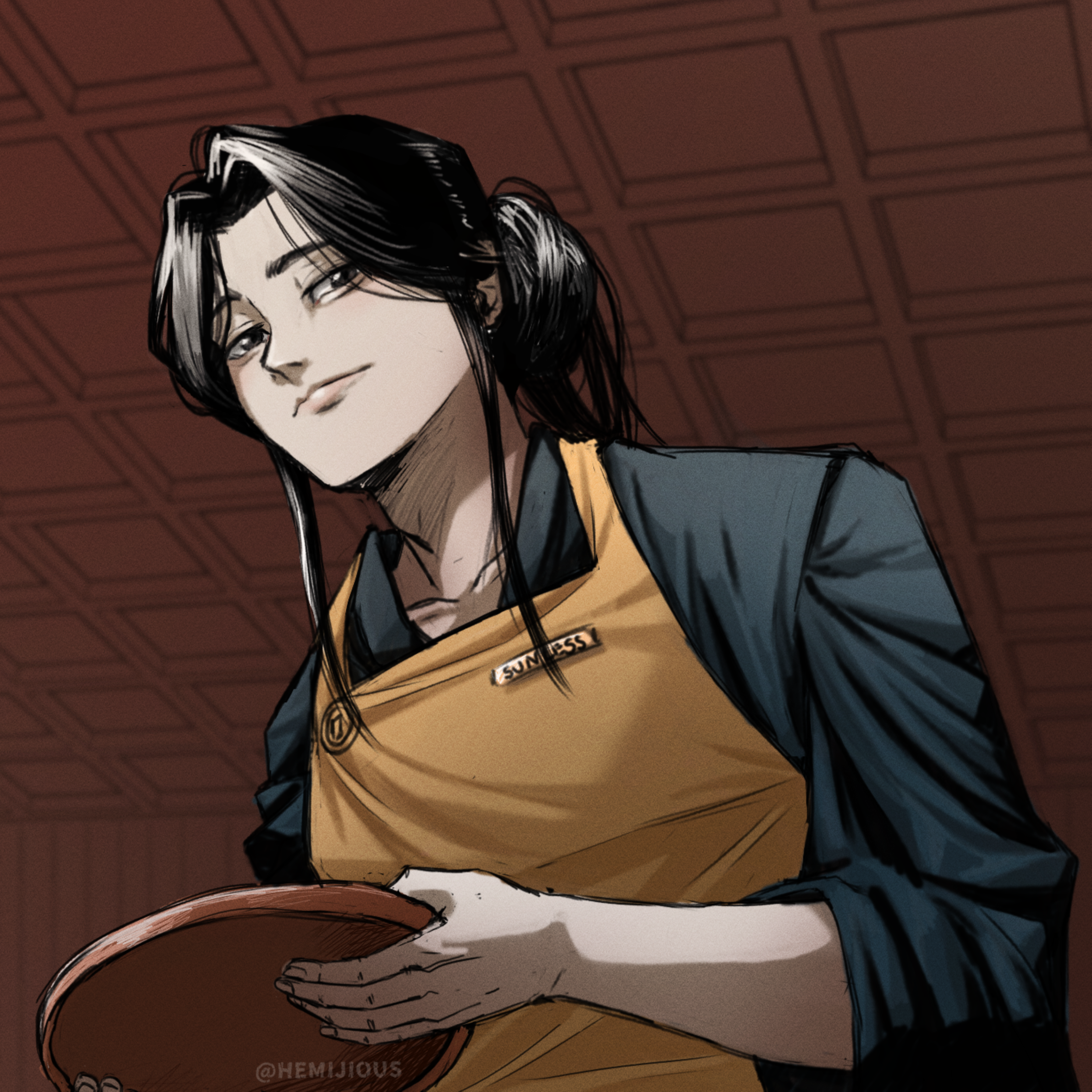 sunny (shadow slave), shadow slave, absurdres, artist request, highres, 1boy, apron, black eyes, black hair, black robe, character name, from below, hair bun, holding, holding plate, long sidelocks, male focus, name tag, plate, robe, sidelocks, smile, solo, yellow apron