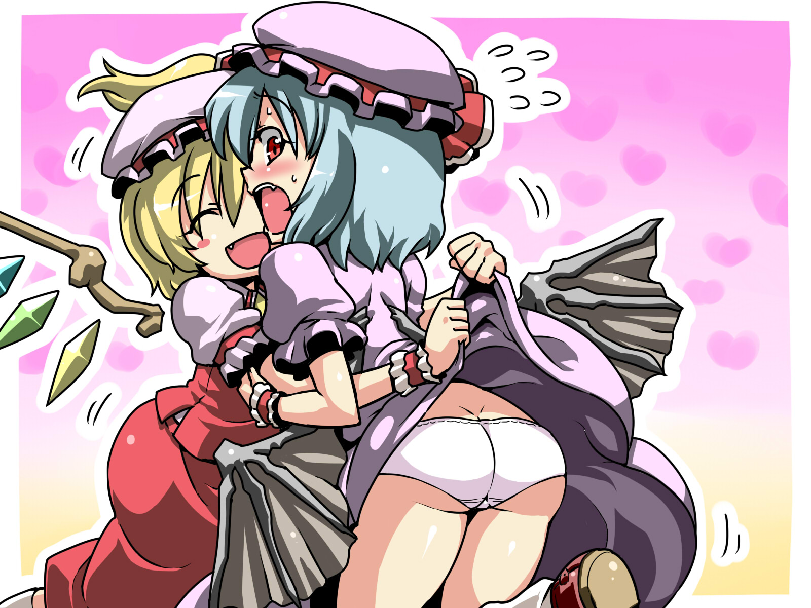 tukiwani, flandre scarlet, remilia scarlet, touhou, highres, 2girls, ass, bat wings, blonde hair, blue hair, butt crack, clothes lift, dress, dress lift, female focus, hat, incest, multiple girls, panties, ponytail, red eyes, short hair, siblings, side ponytail, sisters, underwear, wings