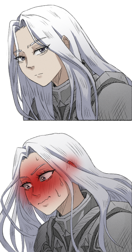 nephis (shadow slave), shadow slave, artist request, 1girl, armor, blush, long hair, looking to the side, multiple views, nervous sweating, shoulder armor, sweat, sweatdrop, upper body, white hair