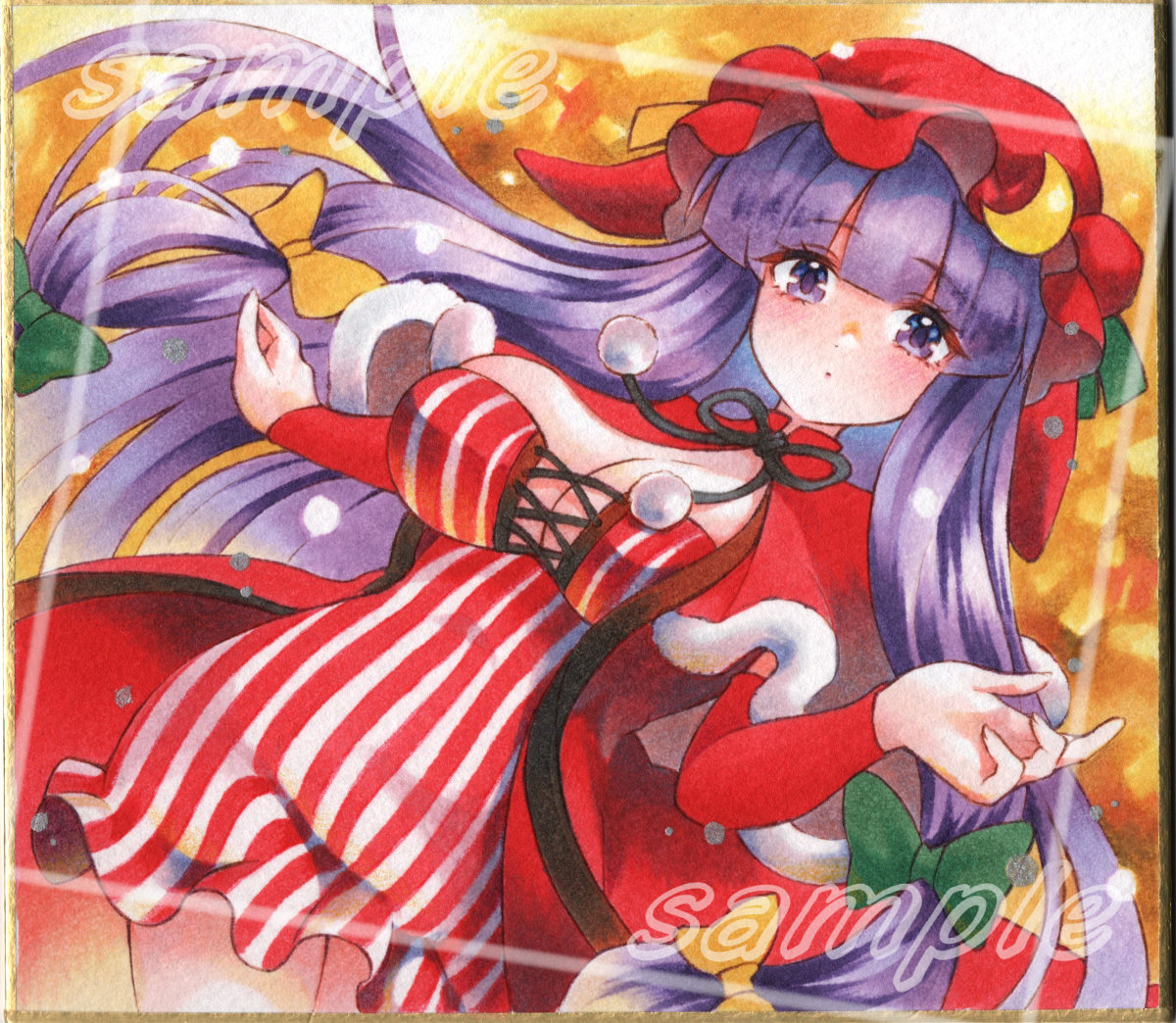 saya pr, patchouli knowledge, touhou, commentary request, marker (medium), traditional media, alternate costume, black ribbon, blunt bangs, blush, bow, breasts, cape, capelet, christmas, cleavage, crescent, crescent hat ornament, dress, expressionless, frilled dress, frills, fur trim, green bow, green ribbon, hair bow, hands up, hat, hat ornament, hat ribbon, large breasts, long hair, long sleeves, looking at viewer, mob cap, neck ribbon, pom pom (clothes), purple eyes, purple hair, red cape, red capelet, red hat, ribbon, sidelocks, striped clothes, striped dress, thighs, upper body, vertical-striped clothes, vertical-striped dress, white dress, yellow bow, yellow ribbon