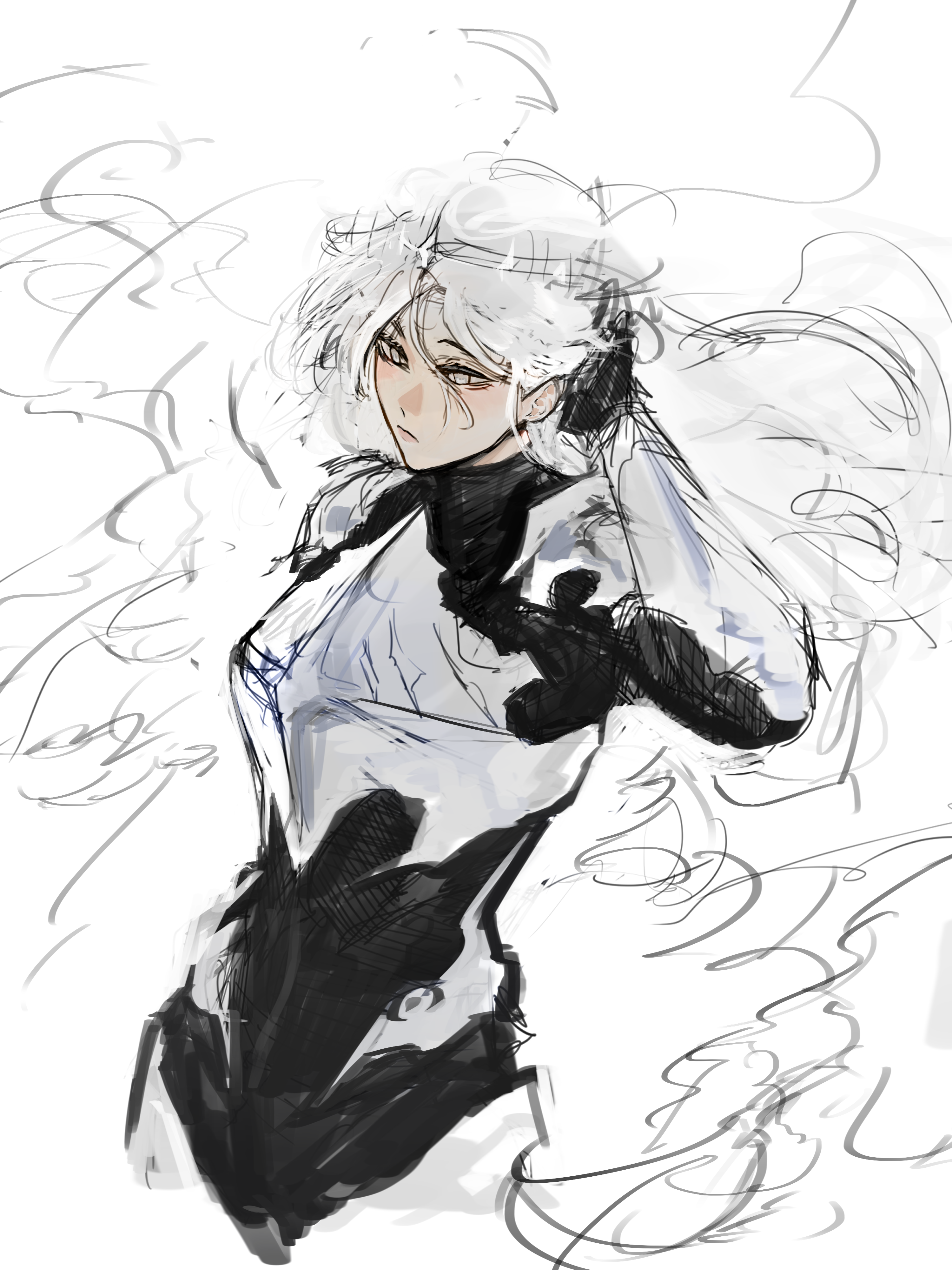 logicsterrr, nephis (shadow slave), shadow slave, absurdres, highres, 1girl, armor, black gloves, breastplate, cowboy shot, crown, expressionless, gloves, grey eyes, hand up, long hair, looking at viewer, solo, white hair