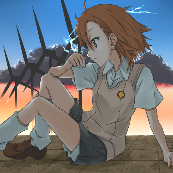 yuto (dialique), misaka mikoto, toaru kagaku no railgun, toaru majutsu no index, 00s, 1girl, arm support, bad anatomy, brown eyes, brown hair, cloud, day, electricity, electrokinesis, female focus, loose socks, messy hair, poorly drawn, shorts, sitting, skirt, sky, socks, solo, sunset, sweater vest