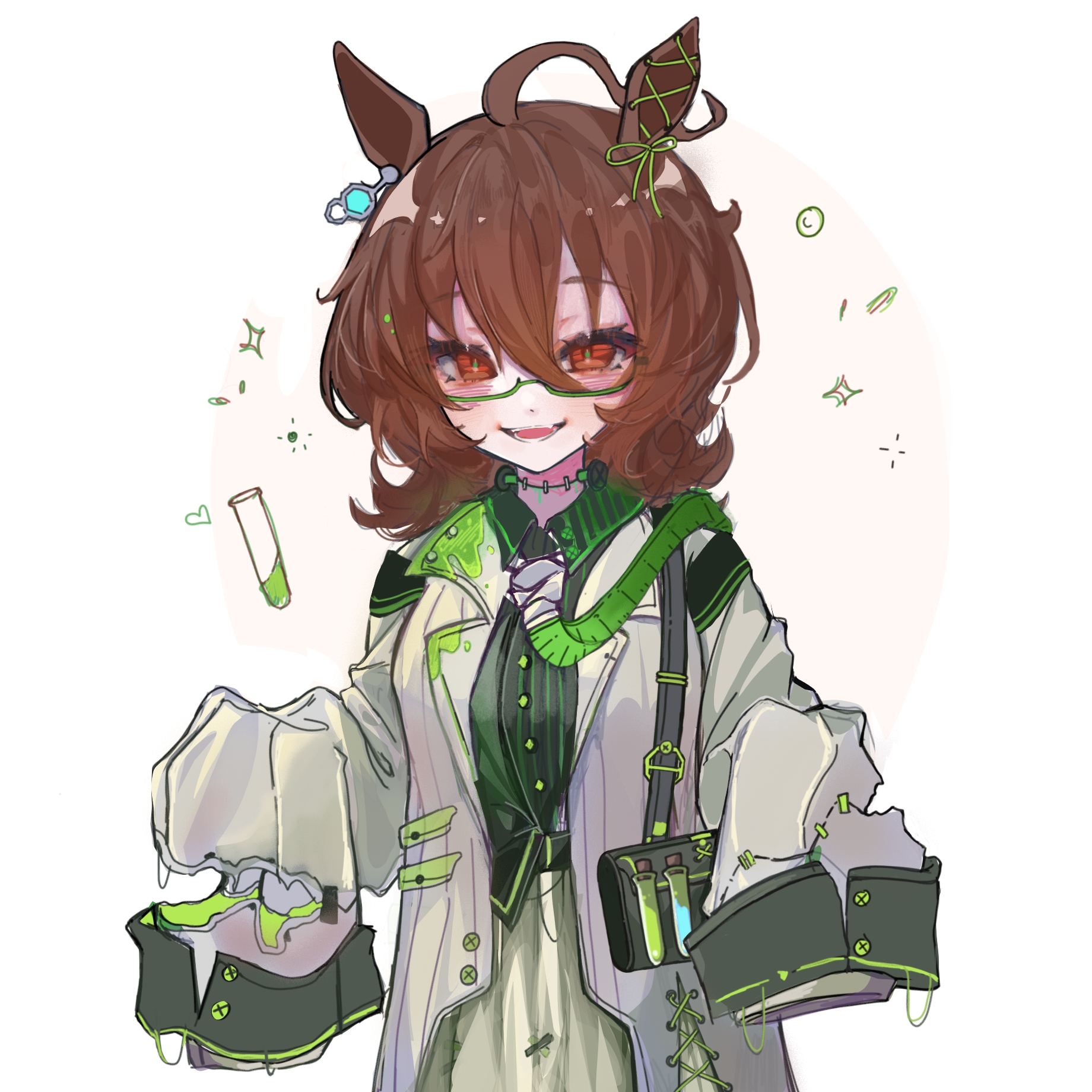 agnes tachyon (umamusume), umamusume, commentary request, highres, variant set, 1girl, ahoge, animal ears, bag, black skirt, bow, breasts, brown hair, chemical structure, coat, ear ornament, ear ribbon, earrings, glasses, green necktie, green ribbon, grey coat, hair between eyes, hands up, horse ears, horse girl, jewelry, kk (pixiv 83235599), long sleeves, looking at viewer, medium breasts, necktie, open clothes, open coat, open mouth, pinstripe jacket, pinstripe pattern, red eyes, ribbon, semi-rimless eyewear, short hair, shoulder bag, simple background, single earring, skirt, sleeves past fingers, sleeves past wrists, smile, solo, stitched neck, stitches, under-rim eyewear, white background, yellow skirt