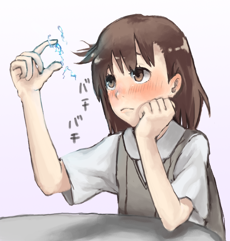 korosuke1, misaka mikoto, toaru kagaku no railgun, toaru majutsu no index, bad id, bad pixiv id, 00s, blush, brown eyes, brown hair, electricity, electrokinesis, messy hair, school uniform, sitting, solo, static, static cling, sweater vest, table