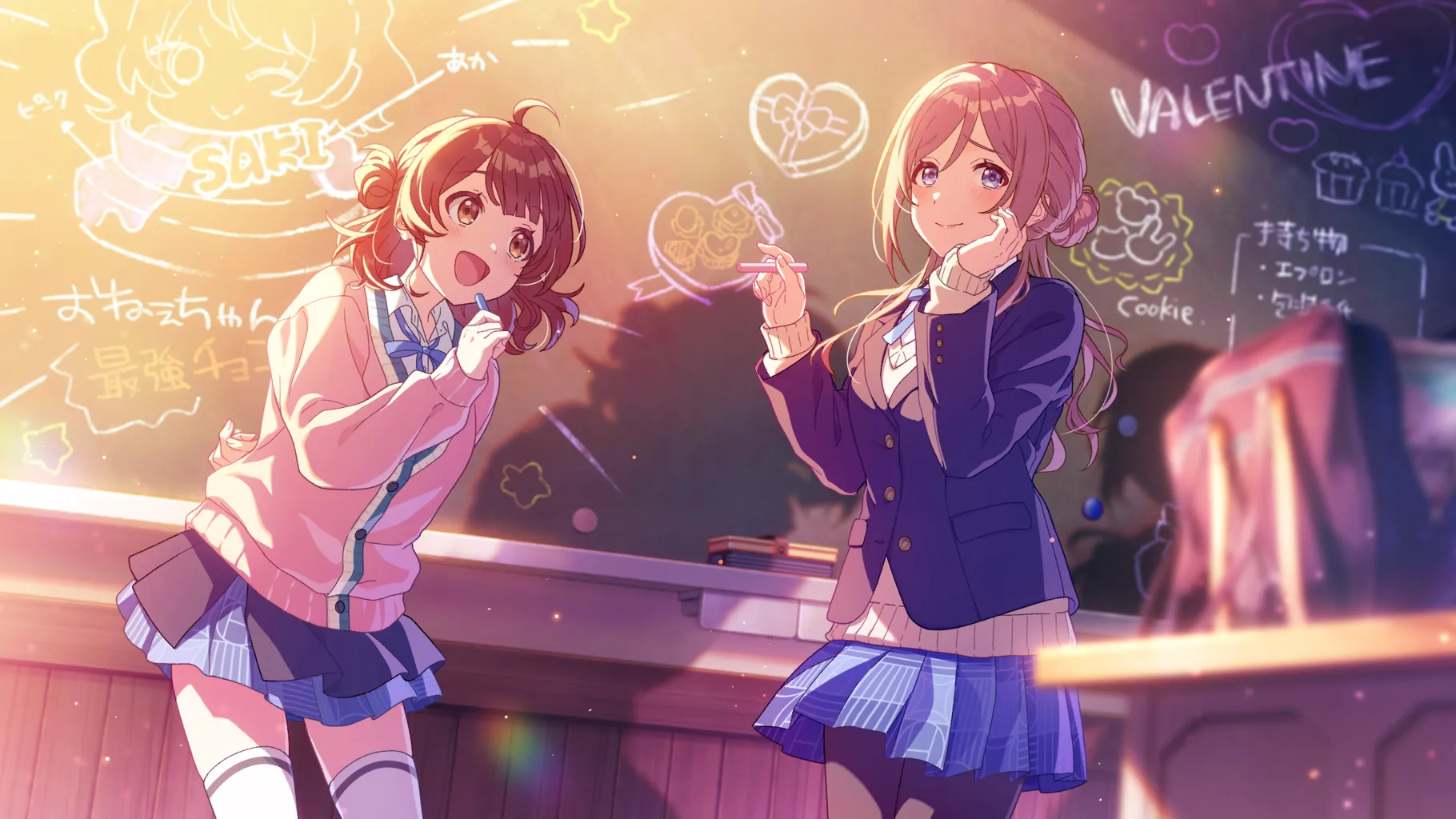 hanami ume, himesaki rinami, game cg, official art, blue eyes, brown hair, buttons, cardigan, chalkboard, collared shirt, cupcake, drawing (object), english text, food, heart, holding, japanese text, layered skirt, neck ribbon, one eye closed, open mouth, pantyhose, pink cardigan, rabbit, ribbon, shirt, skirt, smile, thighhighs, white thighhighs