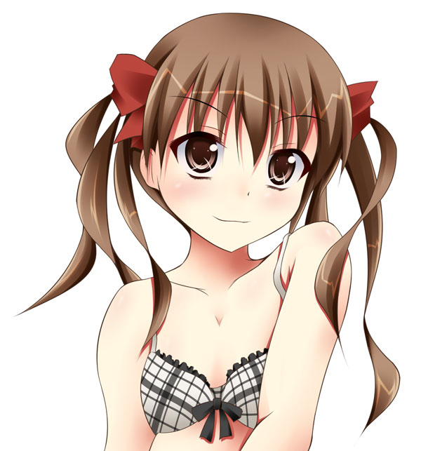 narumi (artist), narumi yuu (imitmoon), shirai kuroko, toaru kagaku no railgun, toaru majutsu no index, 00s, 1girl, bow, bow bra, bra, brown eyes, brown hair, female focus, hair bow, hair ribbon, lingerie, plaid bra, plaid clothes, plaid skirt, ribbon, simple background, skirt, smile, solo, twintails, underwear