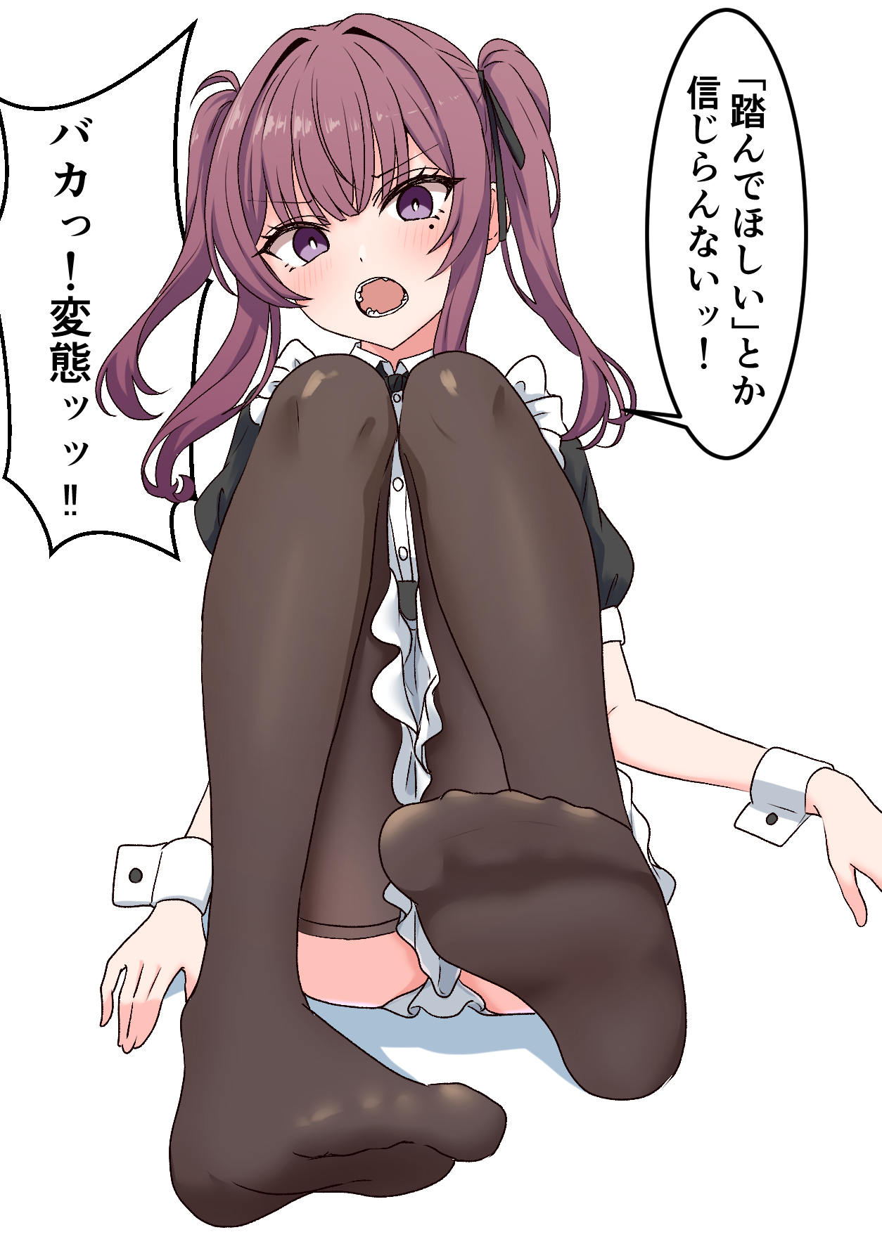 aikurou, natsuki karin, synthesizer v, hashtag-only commentary, highres, 1girl, apron, bright pupils, brown thighhighs, feet, frilled apron, frills, full body, knees up, looking at viewer, maid, maid apron, mole, mole under eye, no shoes, open mouth, puffy short sleeves, puffy sleeves, purple eyes, purple hair, shadow, short sleeves, sidelocks, sitting, soles, solo, speech bubble, thighhighs, toes, twintails, two side up, white apron, white pupils, white wrist cuffs, wrist cuffs