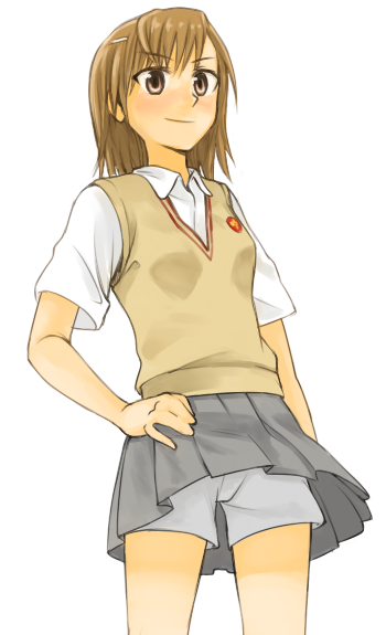 sobyoukyou, misaka mikoto, toaru kagaku no railgun, toaru majutsu no index, bad id, bad pixiv id, 00s, brown eyes, brown hair, clothes lift, from below, hair ornament, hairclip, hand on own hip, hip focus, school uniform, short hair, shorts, skirt, skirt lift, smile, sweater vest, wind, wind lift