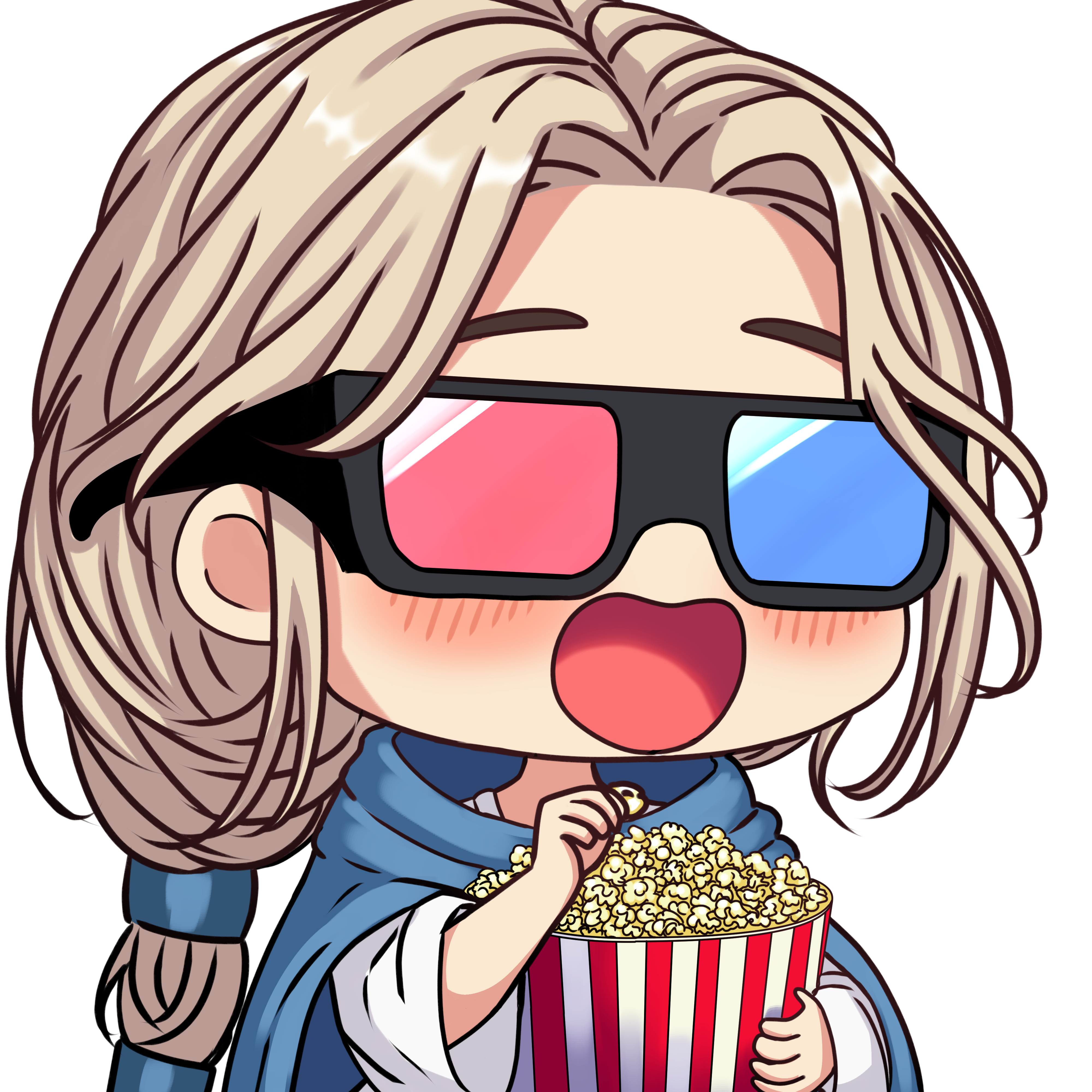 cassie (shadow slave), shadow slave, absurdres, highres, 1girl, 3d glasses, :d, blonde hair, blue cloak, braid, bucket, catphine, chibi, chibi only, cloak, food, holding, holding bucket, open mouth, popcorn, robe, smile, solo, upper body, white robe