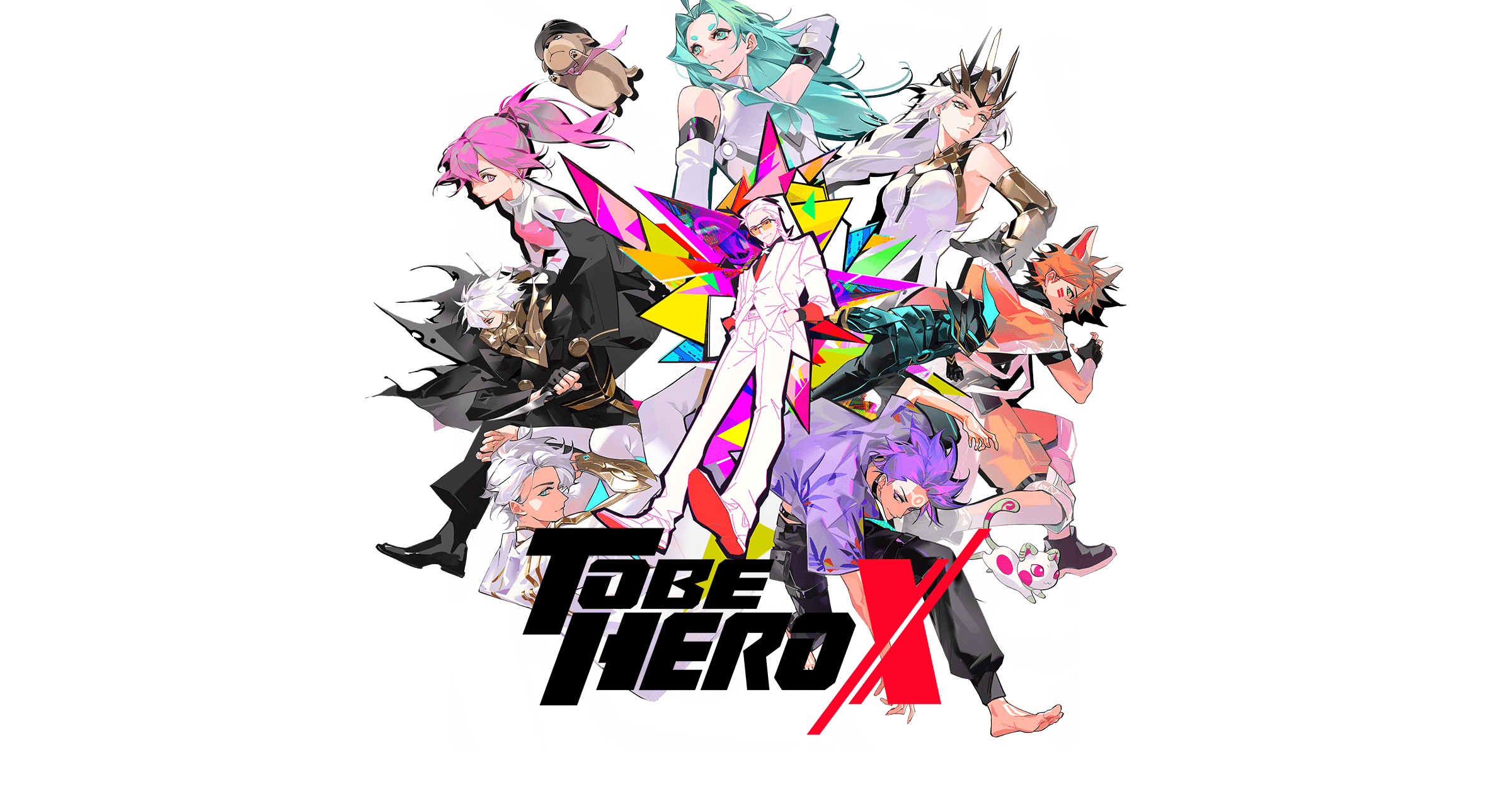 ahu (to be hero x), dragon boy (to be hero x), e-soul (to be hero x), ghostblade (to be hero x), lucky cyan (to be hero x), nice (to be hero x), queen (to be hero x), x (to be hero x), to be hero, to be hero x, highres, official art, promotional art, 3girls, 6+boys, ahoge, animal, animal ears, armor, bent over, big johnny (to be hero x), black gloves, black jacket, blue eyes, blue hair, bodysuit, braid, broken glass, buzz cut, cape, collage, copyright name, covered mouth, crown, dagger, dress, elbow gloves, everyone, fingerless gloves, formal clothes, fox ears, full body, gauntlets, glass, gloves, gradient hair, green eyes, green hair, hair slicked back, halftone, hands in pockets, helmet, high ponytail, holding, holding dagger, holding knife, holding weapon, jacket, jacket on shoulders, jumping, knife, little johnny (to be hero x), long hair, looking at viewer, mask, mohawk, mouth mask, mullet, multicolored hair, multiple boys, multiple girls, necktie, orange hair, pink eyes, pink hair, pink necktie, ponytail, purple hair, purple shirt, running, saturated, serious, shirt, short hair, sleeveless, sleeveless dress, suit, tinted eyewear, torn clothes, torn jacket, transparent background, very long hair, very short hair, weapon, white bodysuit, white cape, white gloves, white hair, white shirt, white suit, yellow-tinted eyewear