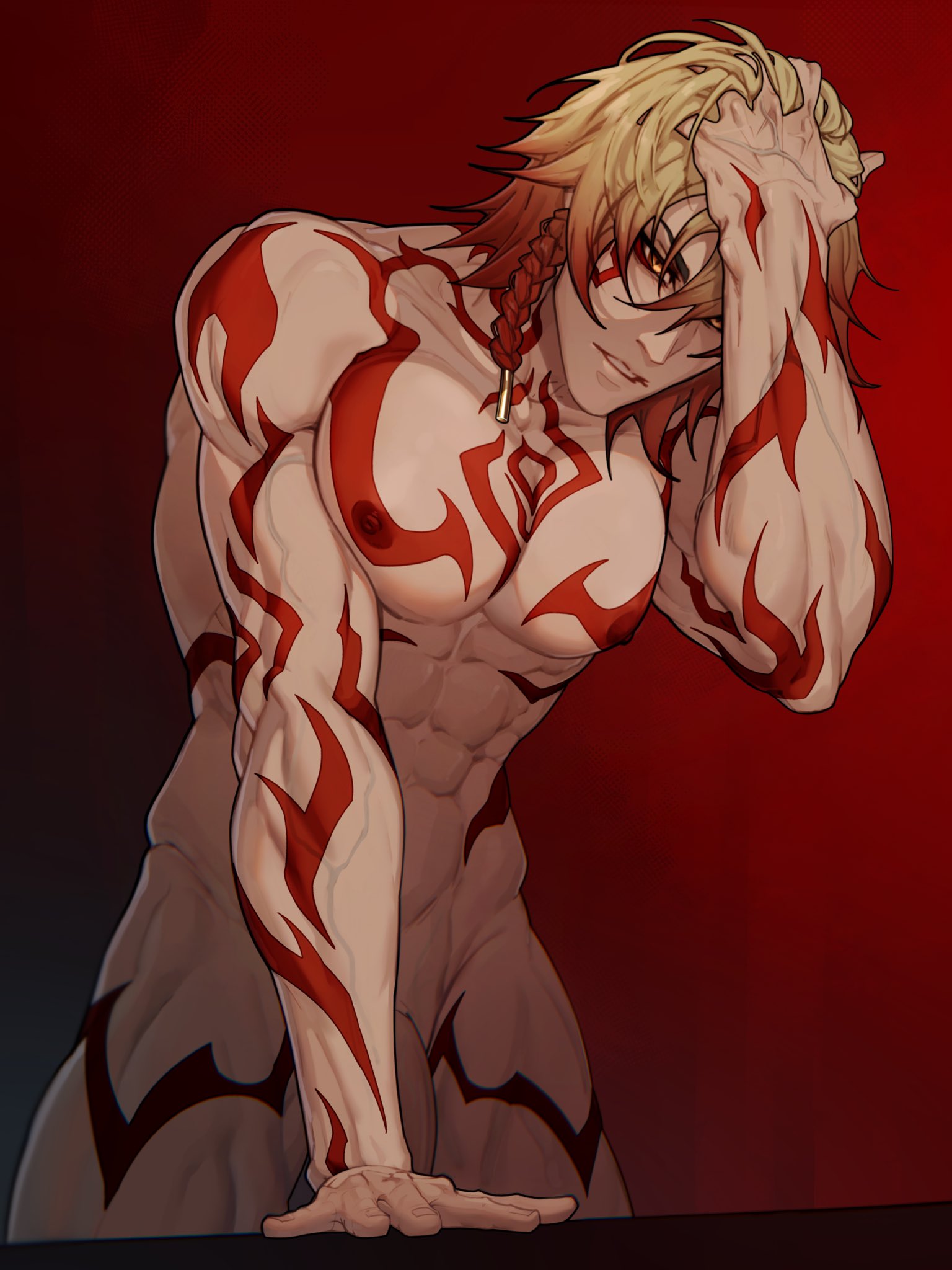 mydei (honkai: star rail), honkai: star rail, honkai (series), commentary, highres, 1boy, abs, arm tattoo, blonde hair, braid, chest tattoo, completely nude, facial tattoo, flaccid, gradient hair, hand on own head, leg tattoo, male focus, medium hair, multicolored hair, muscular, muscular male, nipples, nude, pectorals, penis, red hair, red tattoo, ruuhlid, side braid, solo, standing, tattoo, veins, veiny arms, yellow eyes