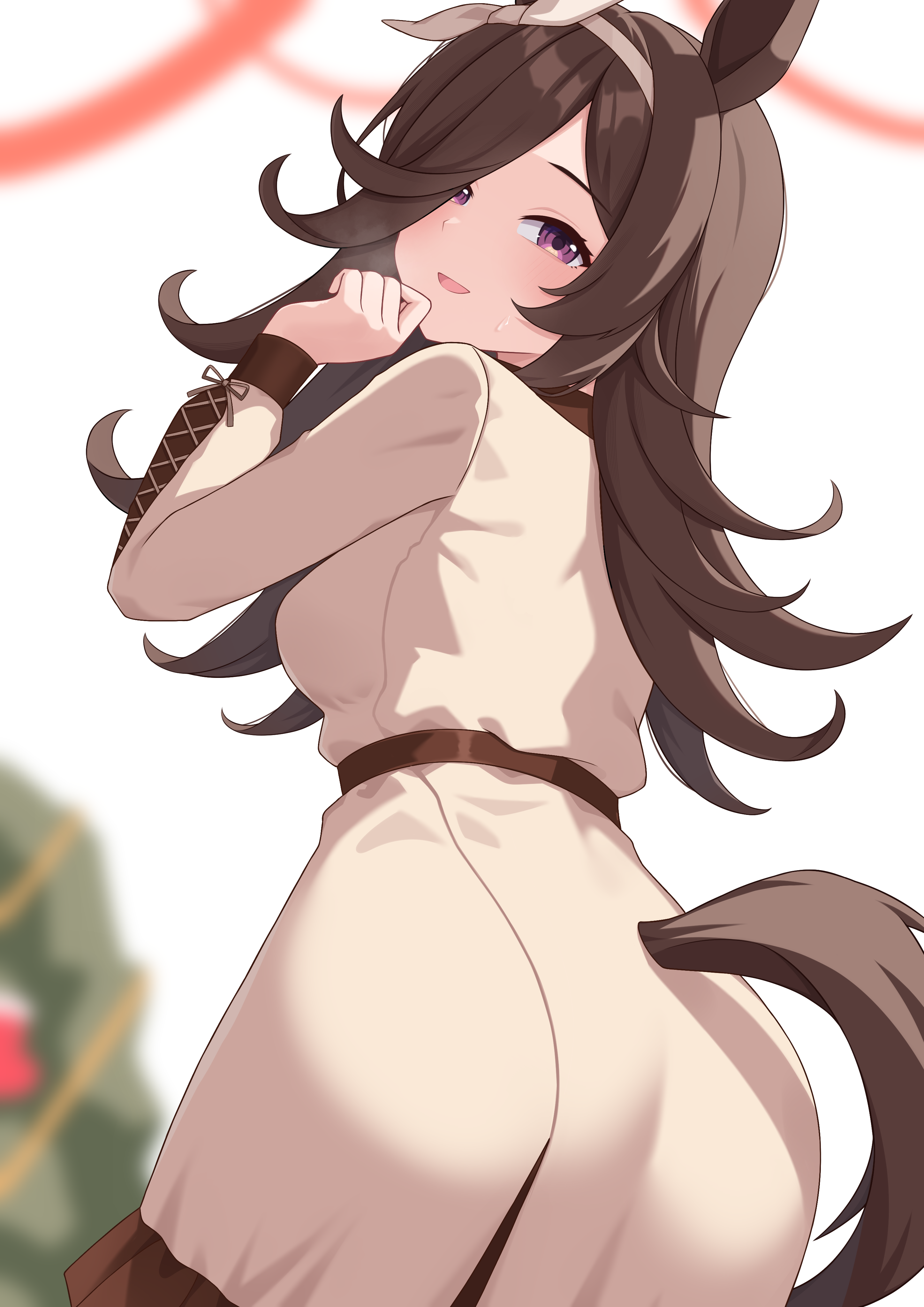 tsubame tien, rice shower (casual) (umamusume), rice shower (umamusume), umamusume, absurdres, commentary request, highres, 1girl, :d, ass, blurry, blurry background, bow hairband, breasts, brown coat, brown hair, clothing cutout, coat, coat dress, dress, flipped hair, frilled coat, frills, from behind, hair over one eye, hairband, hand up, horse girl, long hair, looking at viewer, looking back, medium breasts, official alternate costume, open mouth, parted bangs, purple eyes, smile, solo, tail, tail through clothes