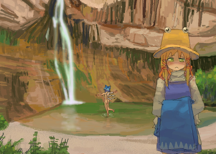 77gl, cirno, moriya suwako, touhou, 2girls, :<, ass, barefoot, blonde hair, carrying clothes, from behind, green eyes, hat, holding, holding unworn clothes, multiple girls, nature, no nose, nude, oekaki, outstretched arms, spread arms, standing, wading, water, waterfall