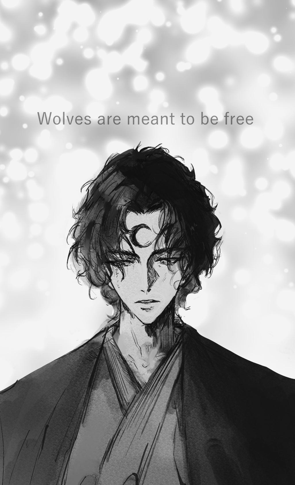 ellieaedon, noctis (shadow slave), shadow slave, commentary, english commentary, highres, 1boy, black eyes, black hair, black robe, blurry, bokeh, depth of field, english text, facing viewer, greyscale, looking at viewer, messy hair, monochrome, parted lips, robe, short hair, solo, upper body