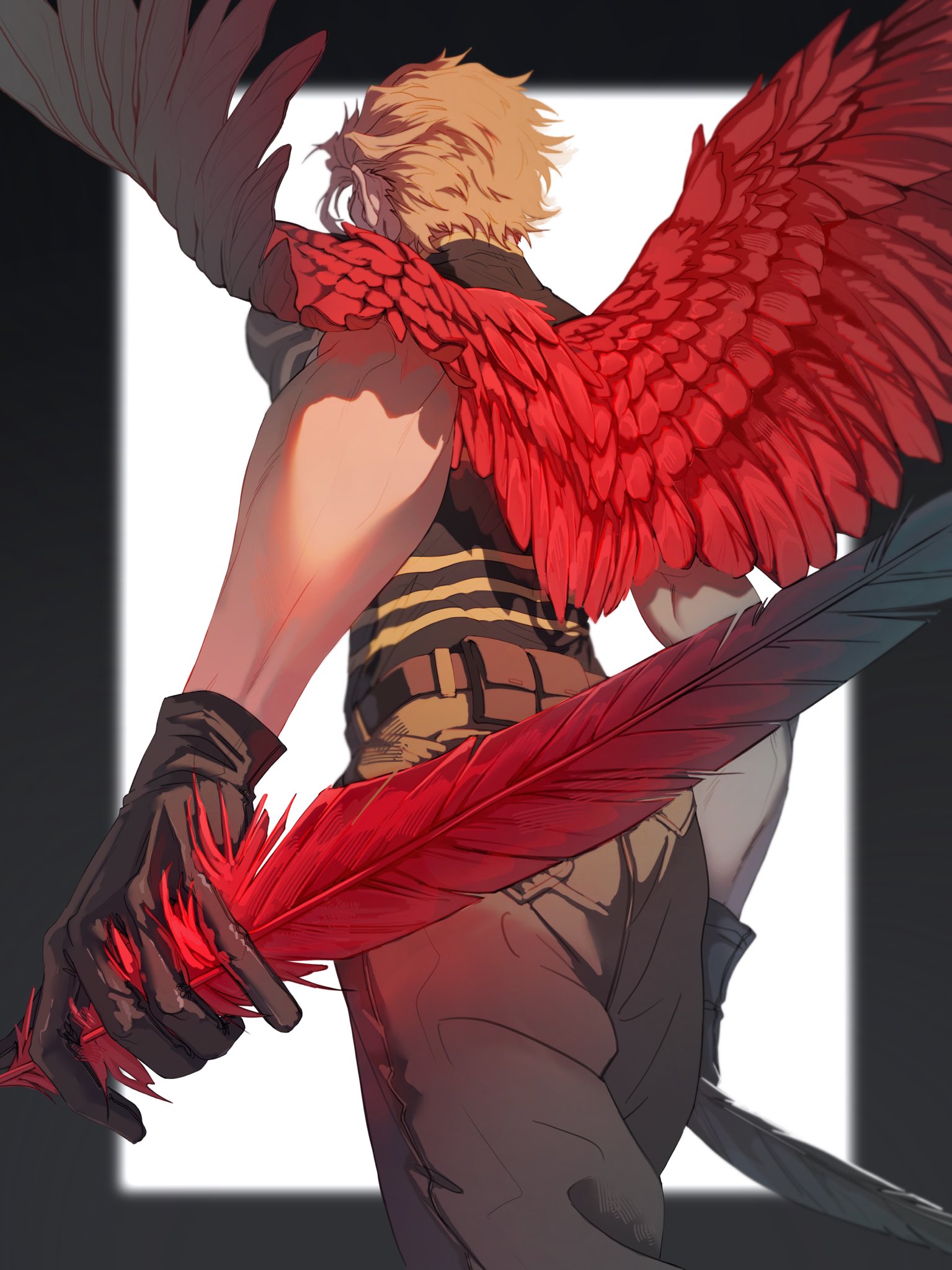 hawks (boku no hero academia), boku no hero academia, commentary, highres, 1boy, black border, black gloves, blonde hair, blurry, blurry background, border, brown pants, feathers, from behind, gloves, holding, holding feather, male focus, outside border, pants, red feathers, ruuhlid, shirt tucked in, short hair, solo, standing, walking, wings
