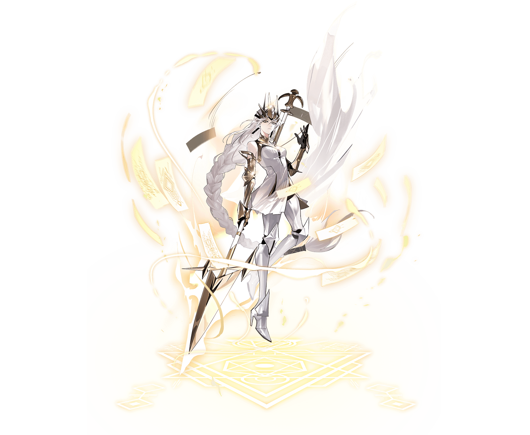 queen (to be hero x), to be hero, to be hero x, commentary, english commentary, highres, official art, 1girl, black gloves, boots, braid, crown, dress, full body, gauntlets, gloves, hand up, high heels, holding, holding polearm, holding weapon, knee boots, knee up, light frown, long hair, looking at viewer, polearm, serious, single braid, sleeveless, sleeveless dress, solo, sparkle, transparent background, very long hair, weapon, white dress, white hair, yellow eyes