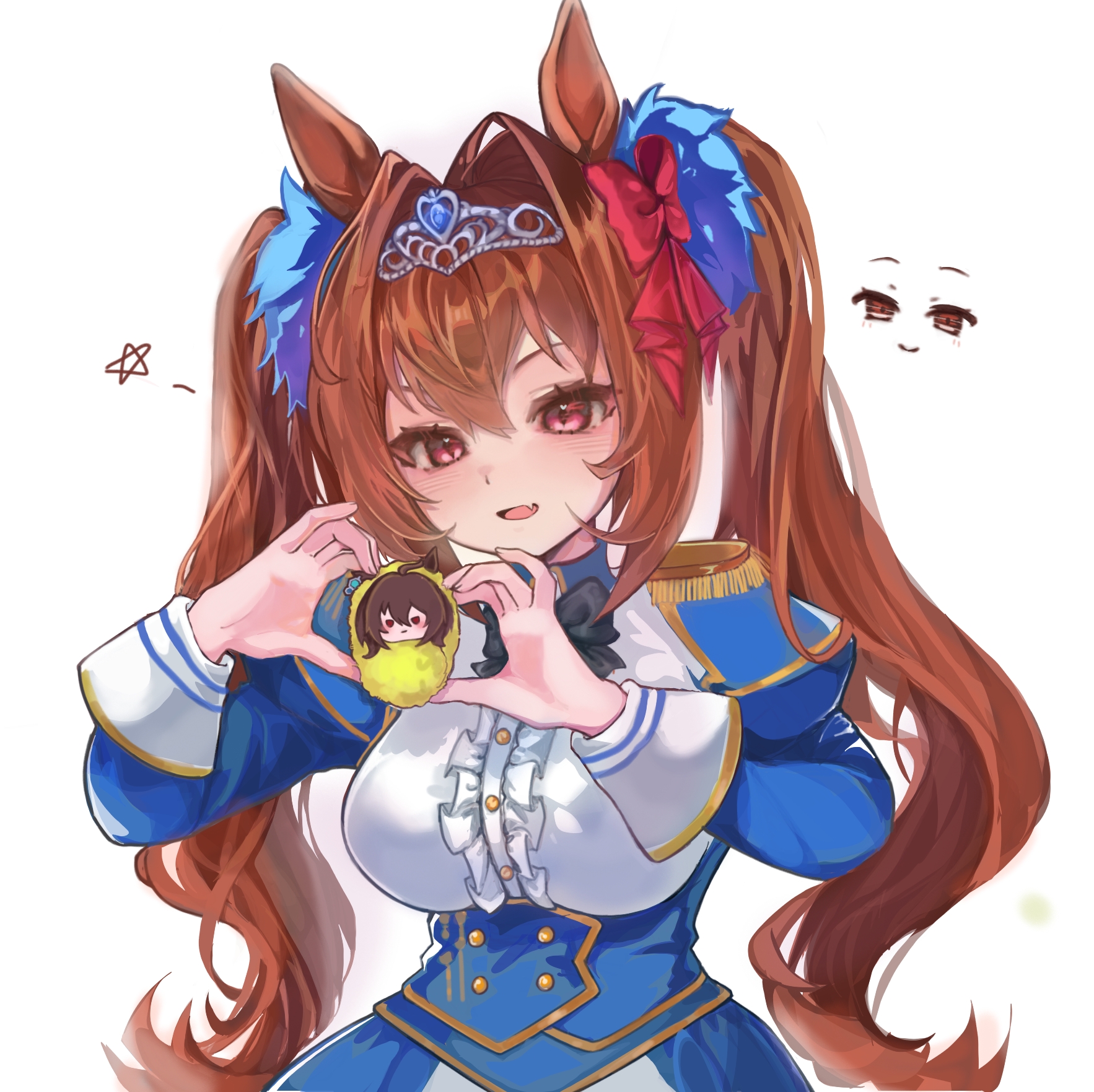 agnes tachyon (umamusume), daiwa scarlet (peak blue) (umamusume), daiwa scarlet (umamusume), umamusume, commentary request, highres, variant set, 1girl, blue jacket, blush, bow, breasts, brown hair, epaulettes, fang, hair between eyes, hair bow, hair intakes, hair ornament, holding, horse girl, jacket, kk (pixiv 83235599), long hair, medium breasts, open mouth, red bow, red eyes, shirt, simple background, skin fang, solo, staff, stuffed toy, tiara, twintails, very long hair, white background, white shirt