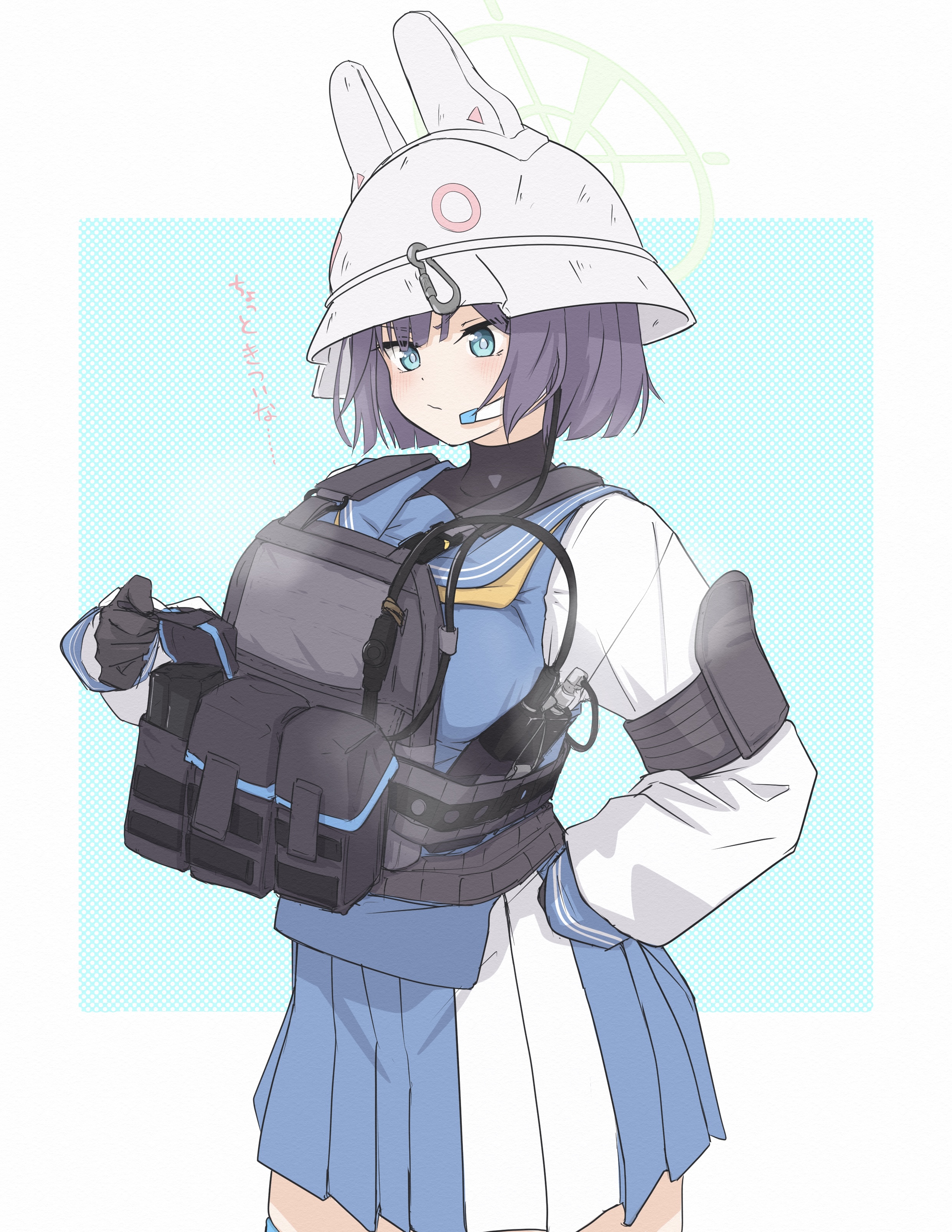 cake506, saki (blue archive), blue archive, 1girl, breasts, combat helmet, halo, helmet, large breasts, school uniform, serafuku, short hair, skirt, solo