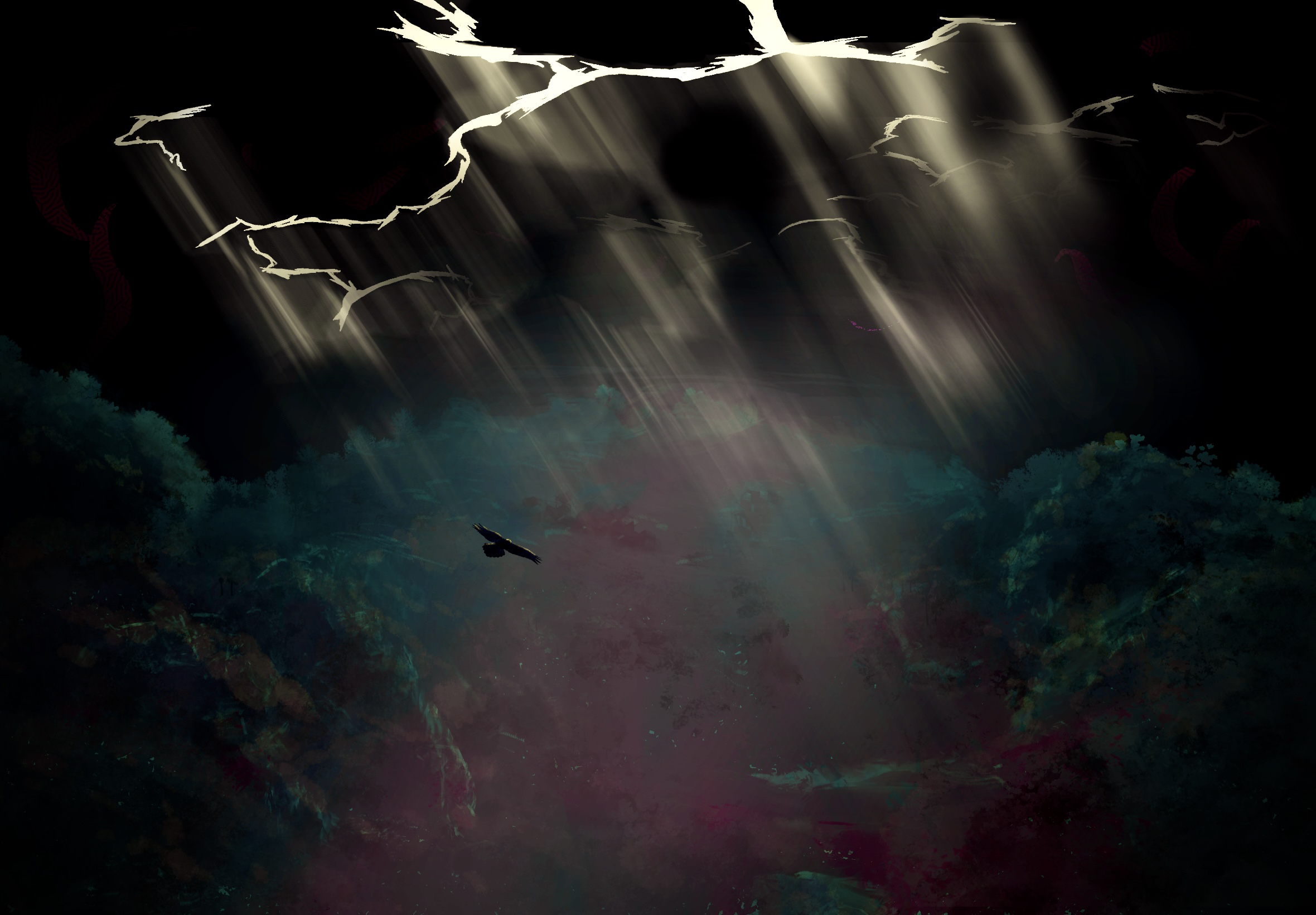 sunny (shadow slave), shadow slave, character request, check character, commentary, english commentary, highres, animalization, bird, cloud, dark cloud, flying, jungle, nature, no humans, storm, subsurface scattering, tnixc, tree