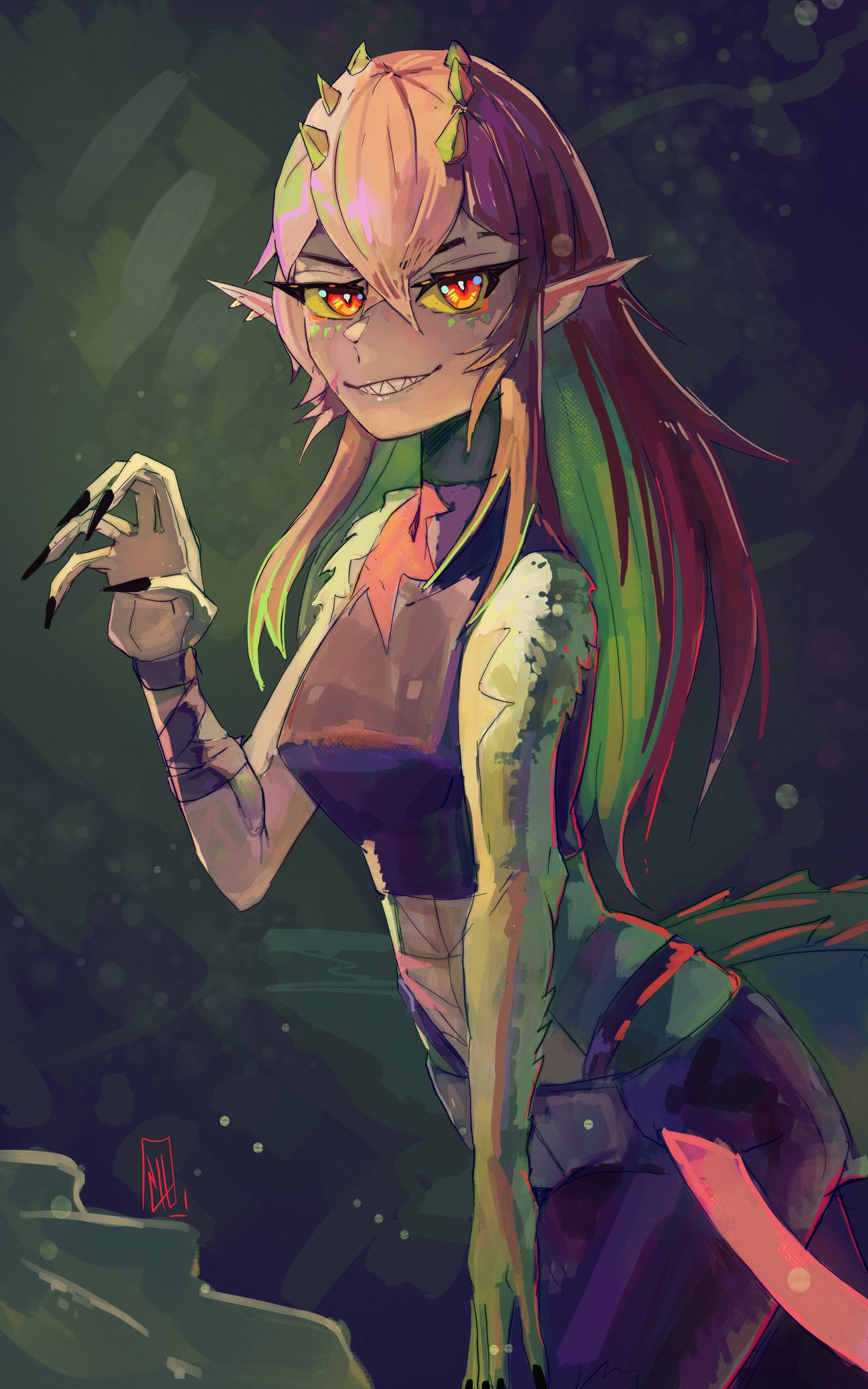 boutsoftheblind, indie virtual youtuber, commentary, english commentary, highres, 1girl, black pants, black shirt, brown hair, claw pose, colored inner hair, colored sclera, crocodile girl, crocodilian tail, green hair, green scales, kairyu crocodile, long hair, looking at viewer, multicolored hair, pants, pointy ears, red eyes, shirt, sleeveless, sleeveless shirt, smile, solo, tail, virtual youtuber, yellow sclera