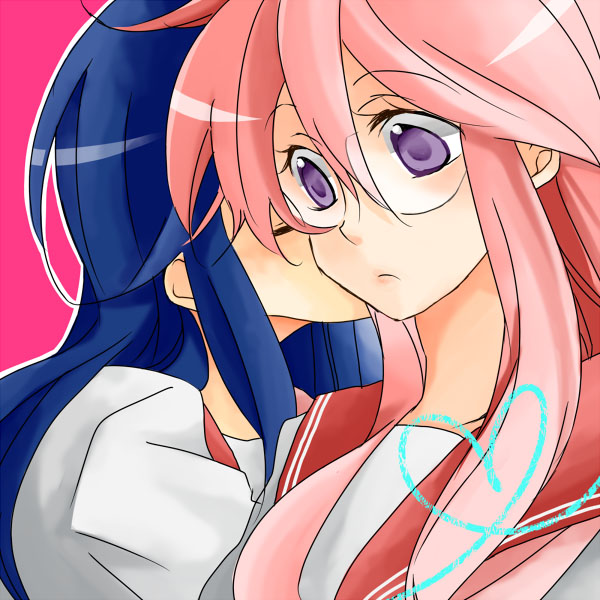 izumi konata, takara miyuki, lucky star, 00s, 2girls, blue hair, blush, closed eyes, female focus, glasses, kiss, kissing cheek, long hair, multiple girls, pink hair, purple eyes, school uniform, serafuku, simple background, yuri