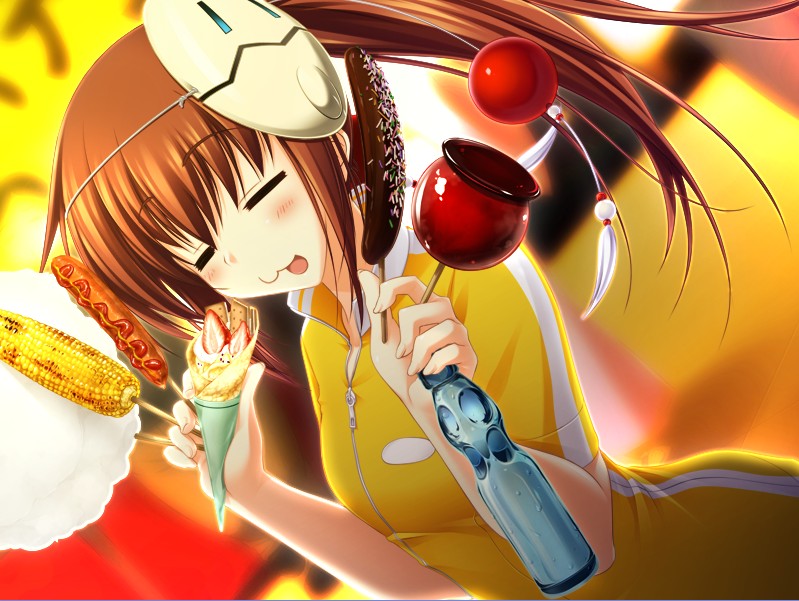 kawagishi keitarou, kawakami kazuko, maji de watashi ni koi shinasai!, game cg, 1girl, :3, bottle, brown hair, candy apple, closed eyes, corn, cotton candy, female focus, festival, food, holding, holding cotton candy, holding food, long hair, mask, ramune, side ponytail, solo