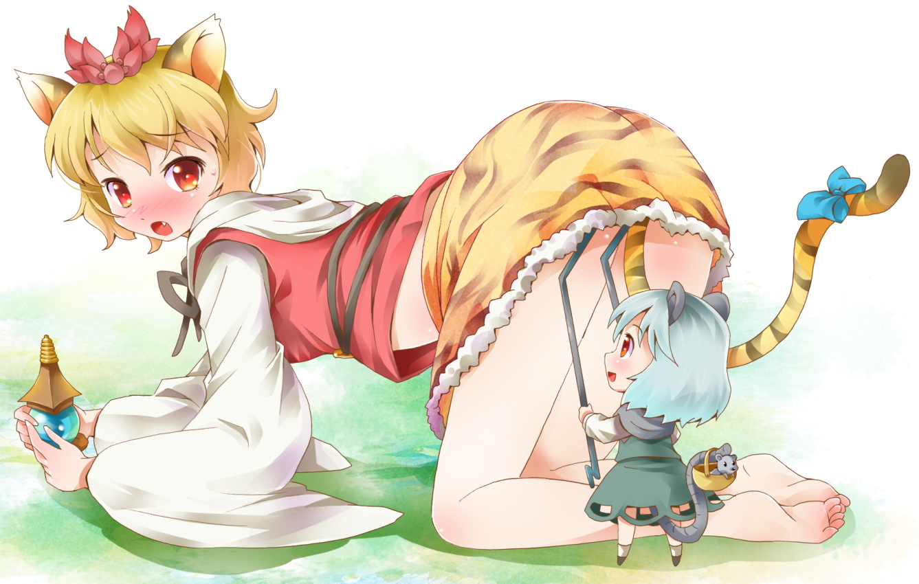michii yuuki, nazrin, toramaru shou, touhou, bad id, bad pixiv id, 2girls, animal ears, animal print, barefoot, basket, bishamonten's pagoda, blush, chibi, fang, feet, female focus, kemonomimi mode, mini person, minigirl, mouse (animal), mouse ears, mouse tail, multiple girls, peeking, tail, tiger ears, tiger print, tiger tail, upskirt