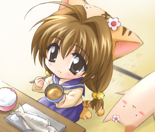 sakana (flame sakana), puchiko, di gi charat, 1girl, animal ears, bell, brown eyes, brown hair, cat ears, cat tail, chibi, child, chopsticks, eating, female focus, food, solo, tail, twintails
