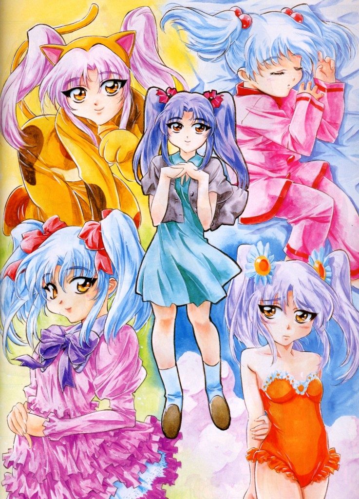 gotou keiji, hoshino ruri, kidou senkan nadesico, 1girl, animal ears, blue hair, casual one-piece swimsuit, cat ears, child, hair ornament, one-piece swimsuit, sleeping, sphere hair ornament, swimsuit, twintails