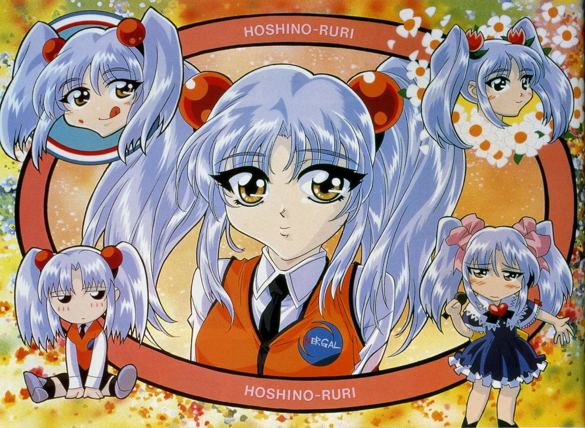 gotou keiji, hoshino ruri, kidou senkan nadesico, 1990s (style), 1girl, blue hair, chibi, hair ornament, retro artstyle, sphere hair ornament, twintails