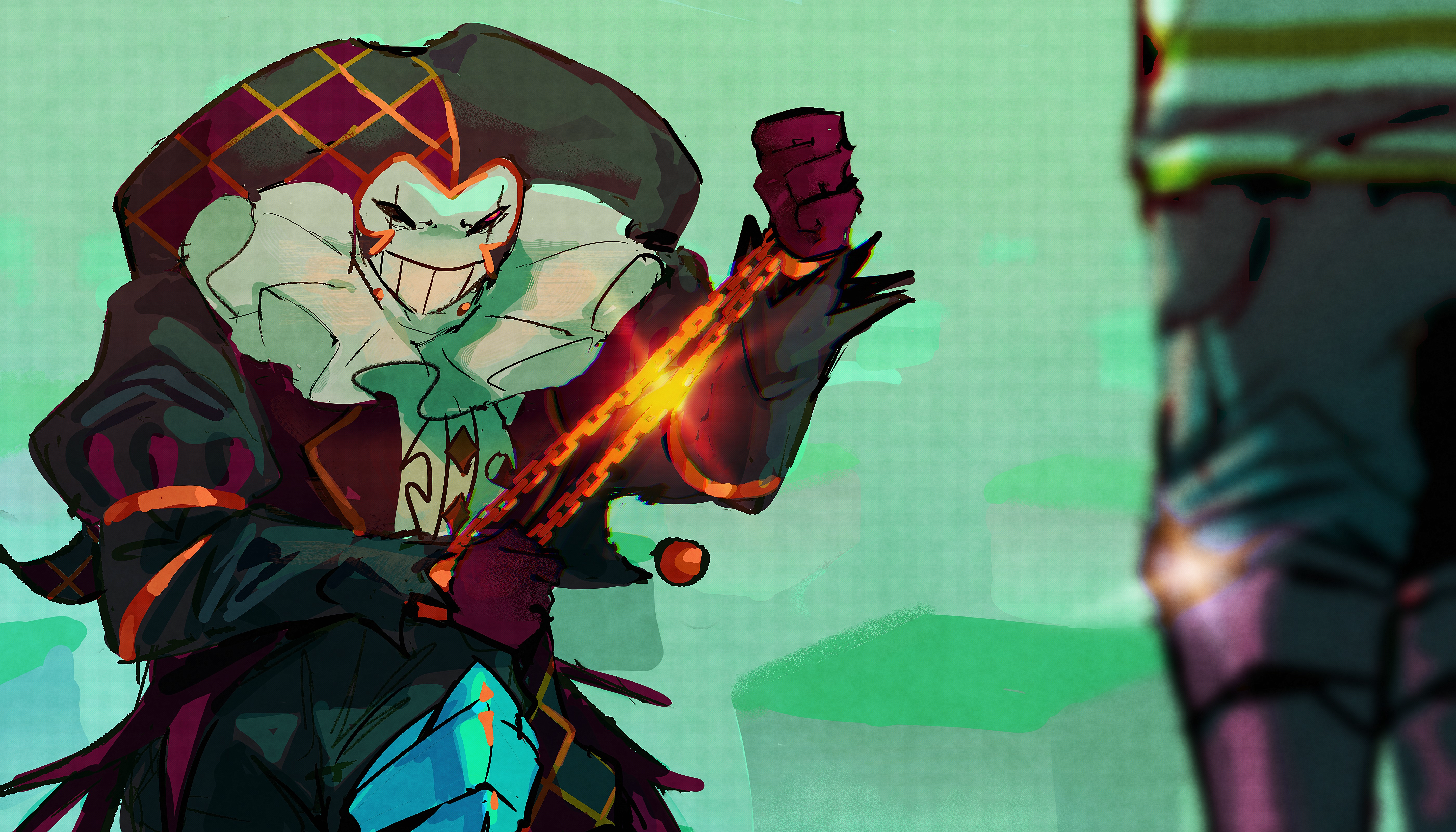 clownpierce, evbo, roland (project moon), library of ruina, minecraft youtube, parkour civilization, project moon, absurdres, commentary, english commentary, highres, 2boys, black pants, blue boots, blurry, blurry foreground, boots, chain, chained, chained wrists, cosplay, cr1mstone, dress, evil smile, glint, gloves, gold chain, grass block, green shirt, hat, jester, jester cap, jester costume, looking at another, multiple boys, on one knee, pants, pose imitation, puffy sleeves, red dress, red gloves, roland (project moon) (cosplay), scene reference, shirt, silver boots, smile, white shirt