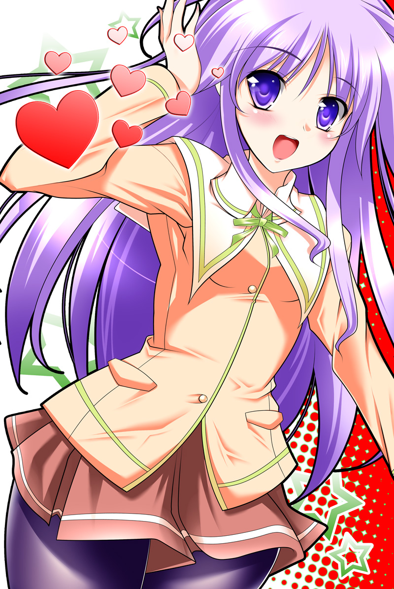 taigi akira, watarase jun, happiness!, 00s, crossdressing, crossdressing (mtf), heart, long hair, male focus, pantyhose, purple eyes, purple hair, school uniform, solo, trap