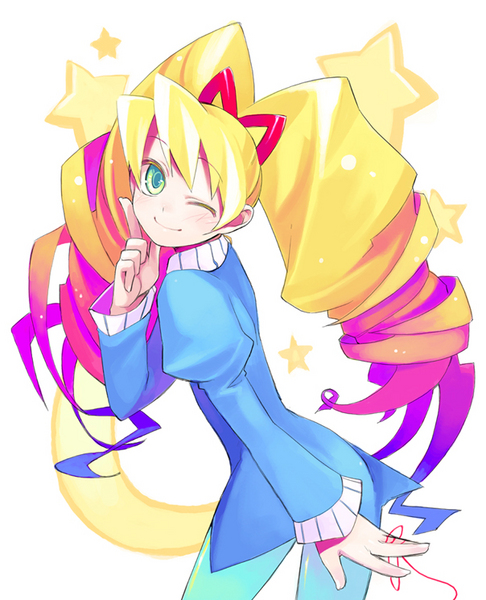 shigehiro (hiroi heya), luna platz (mega man), capcom, mega man (series), mega man star force (series), image sample, md5 mismatch, pixiv sample, resolution mismatch, source larger, 00s, 1girl, big hair, blonde hair, drill hair, female focus, one eye closed, pantyhose, solo, wink