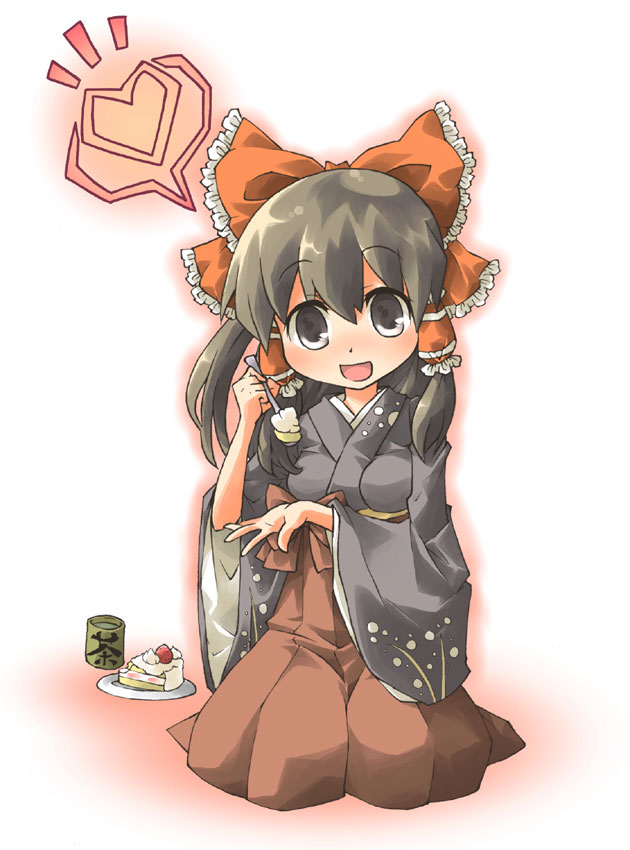 ara ta, harada (sansei rain), hakurei reimu, touhou, bad id, bad pixiv id, 1girl, black eyes, black hair, bow, cake, cake slice, cup, feeding, female focus, food, hair bow, hair tubes, hakama, hakama skirt, heart, incoming food, japanese clothes, kimono, long hair, looking at viewer, open mouth, pastry, plate, pov, sitting, skirt, solo, strawberry shortcake, teacup, white background, yunomi