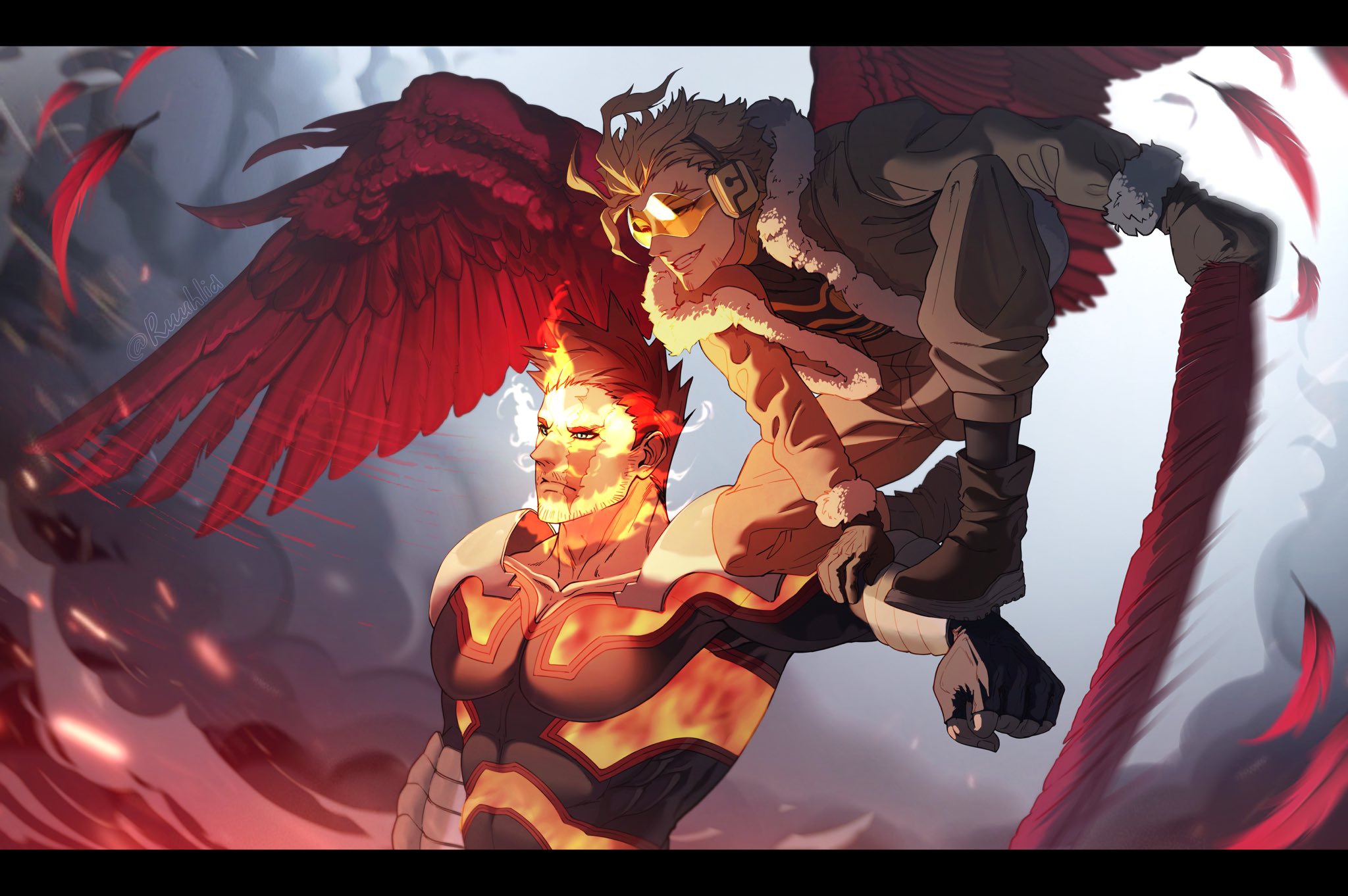 endeavor (boku no hero academia), hawks (boku no hero academia), boku no hero academia, hashtag-only commentary, highres, 2boys, black border, blonde hair, border, covered pectorals, ear protection, facial hair, feathered wings, feathers, fire, goggles, letterboxed, male focus, multiple boys, muscular, muscular male, pectorals, pyrokinesis, red feathers, red hair, red wings, ruuhlid, scar, scar across eye, scar on face, short hair, sideburns, sitting on arm, spiked hair, stubble, superhero costume, twitter username, upper body, wings