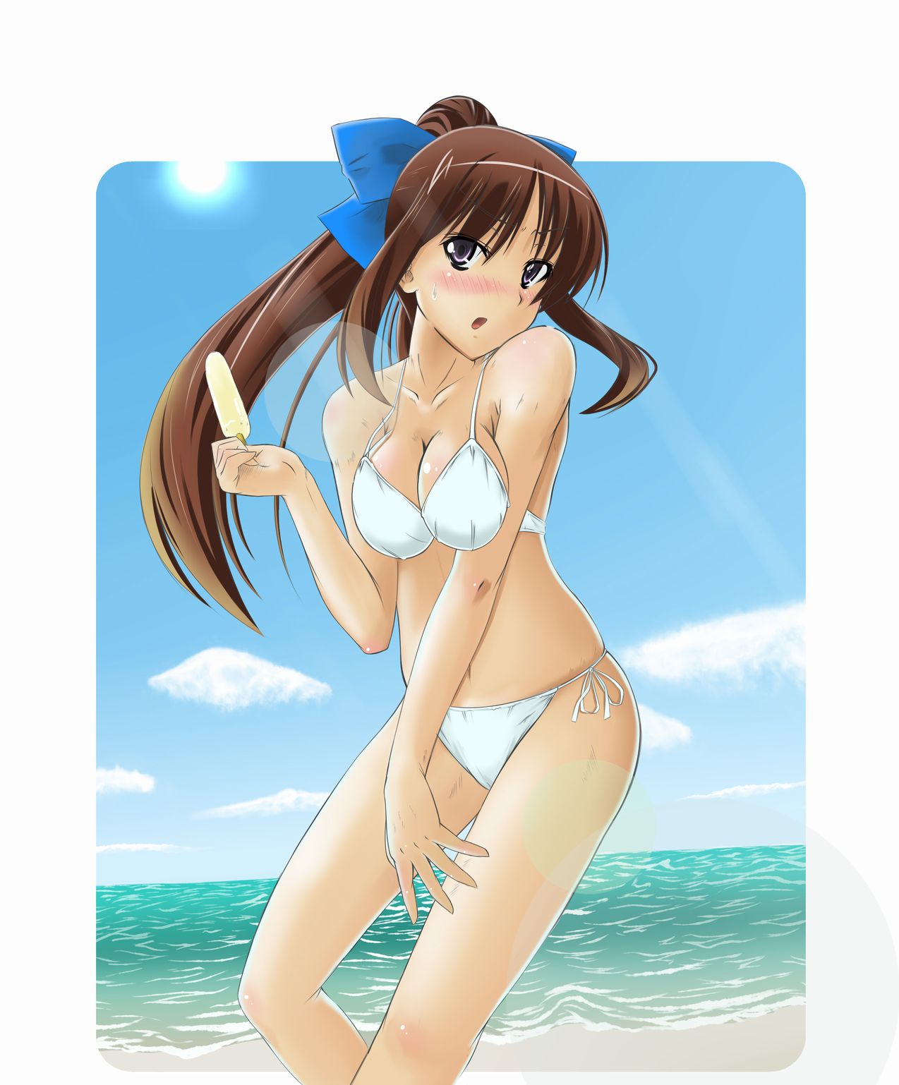 hiro 1209, nanpo kazue, saki (manga), bad id, bad pixiv id, highres, 00s, 1girl, beach, bikini, blush, brown hair, day, female focus, food, hair ribbon, ocean, outdoors, popsicle, ribbon, sky, solo, swimsuit, white bikini