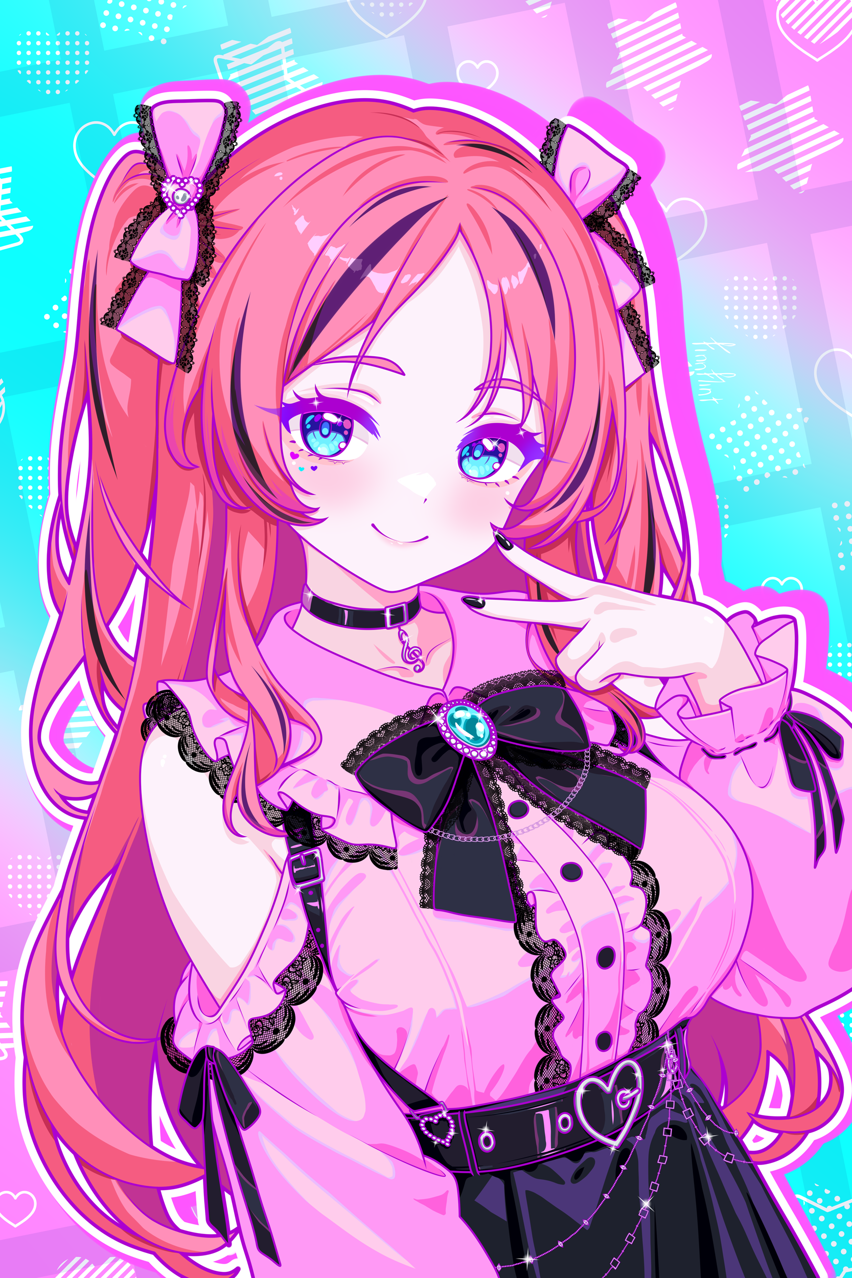 finn flint, melody note (vtuber), indie virtual youtuber, absurdres, commentary, english commentary, highres, 1girl, bass clef, black choker, black nails, blue eyes, breasts, choker, detached sleeves, frilled shirt, frills, jirai kei, large breasts, long hair, looking at viewer, pink shirt, pleated skirt, red hair, shirt, skirt, solo, standing, twintails, v, very long hair, virtual youtuber