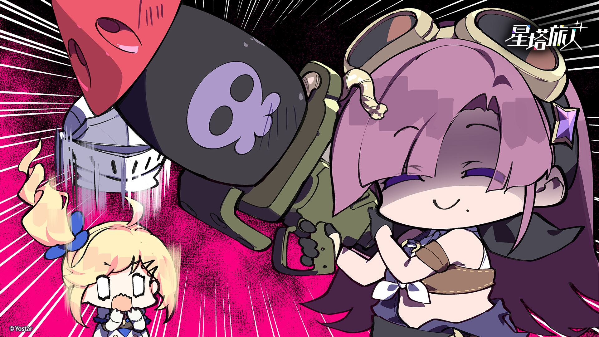 neuvira (stella sora), tilia (stella sora), stella sora, commentary request, highres, official art, 2girls, ahoge, bandeau, bare shoulders, black gloves, blank eyes, blonde hair, blunt bangs, brown bandeau, c:, chinese text, colored eyelashes, curtained hair, emphasis lines, false smile, gloves, goggles, goggles on head, helmet, missing commentary, mole, mole under mouth, multiple girls, pink background, purple hair, rocket launcher, rpg (weapon), shaded face, side ponytail, sidelocks, smile, solo focus, weapon