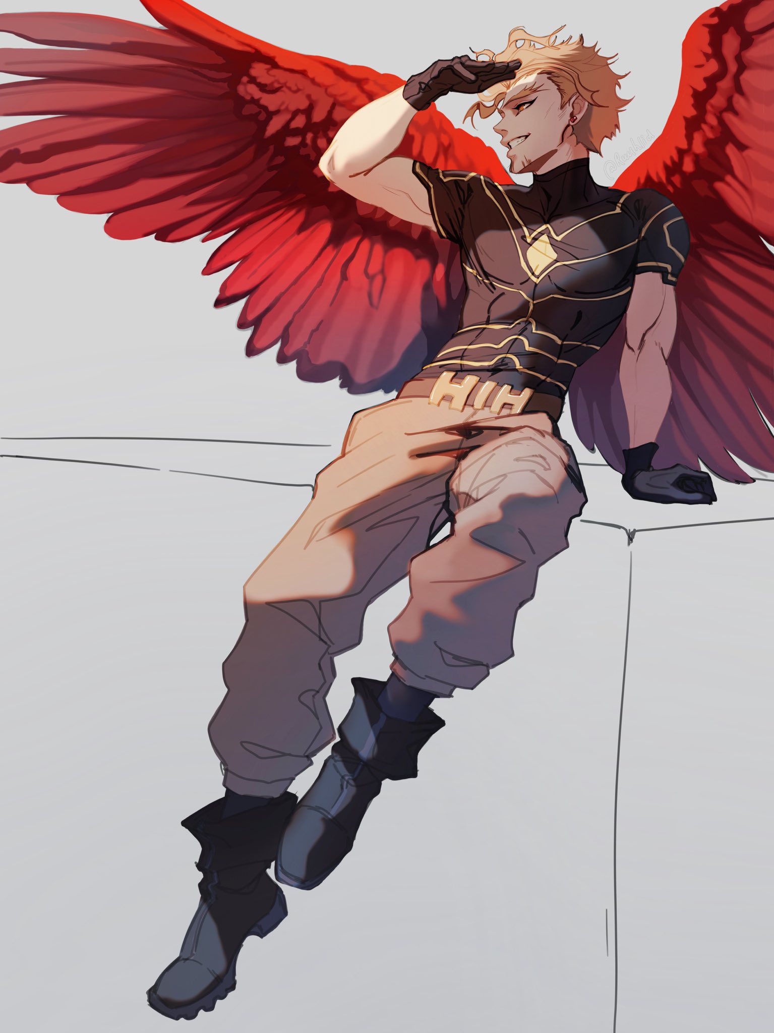 hawks (boku no hero academia), boku no hero academia, hashtag-only commentary, highres, 1boy, black boots, black gloves, blonde hair, boots, facial hair, feathered wings, feathers, full body, gloves, grey pants, invisible chair, looking to the side, male focus, pants, red feathers, red wings, ruuhlid, short hair, sitting, smile, spiked hair, stubble, teeth, wings