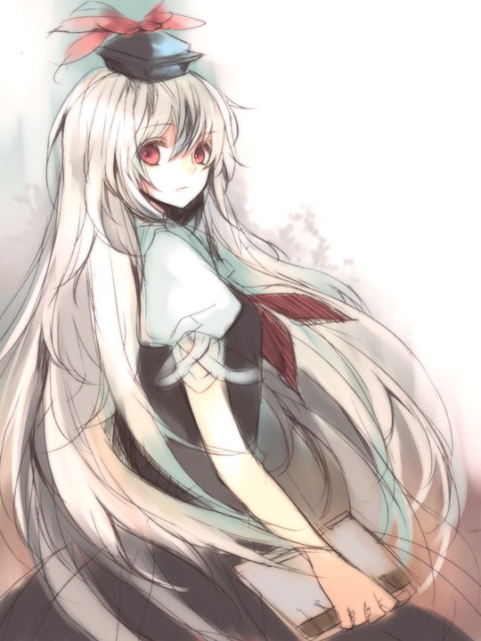 hina (pico), hina (pixiv), kamishirasawa keine, touhou, silver hair, 1girl, book, female focus, hat, long hair, looking at viewer, red eyes, sketch, solo, very long hair