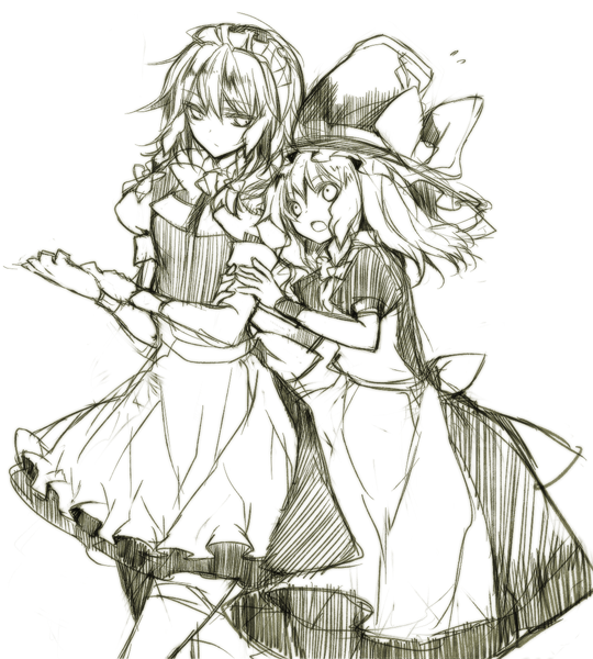 hina (pico), hina (pixiv), izayoi sakuya, kirisame marisa, touhou, 2girls, female focus, monochrome, multiple girls, sketch, thighhighs, yellow theme