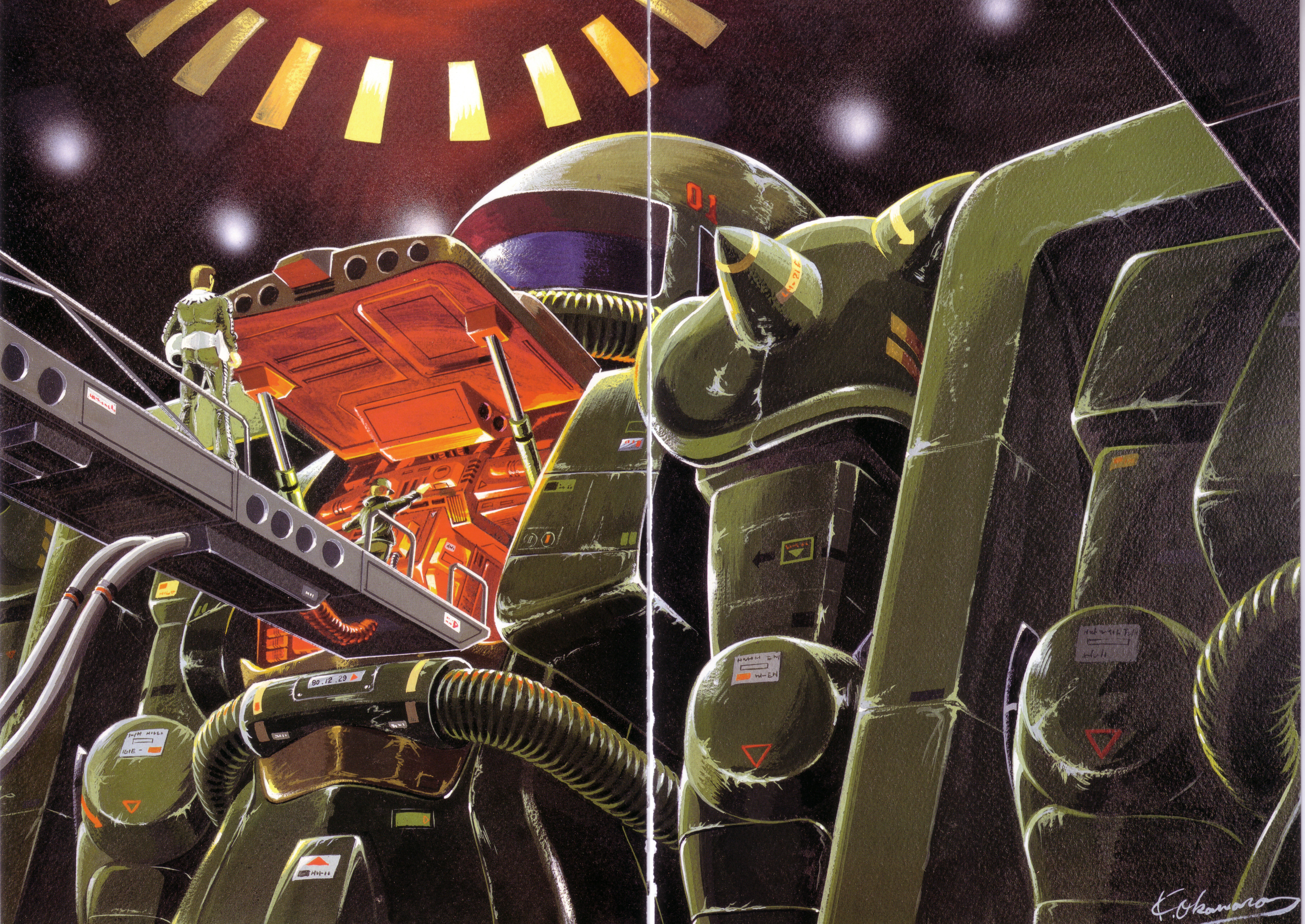 ookawara kunio, zaku ii, gundam, mobile suit gundam, 1980s (style), absurdres, highres, magazine scan, official art, promotional art, scan, traditional media, 1970s (style), 2boys, cable, cockpit, damaged, dirty, engineer, hangar, hat, helmet, mecha, mecha pilot suit, military, military uniform, mobile suit, multiple boys, normal suit (gundam), oldschool, production art, realistic, retro artstyle, robot, science fiction, shield, shoulder spikes, signature, spacesuit, spikes, zeon