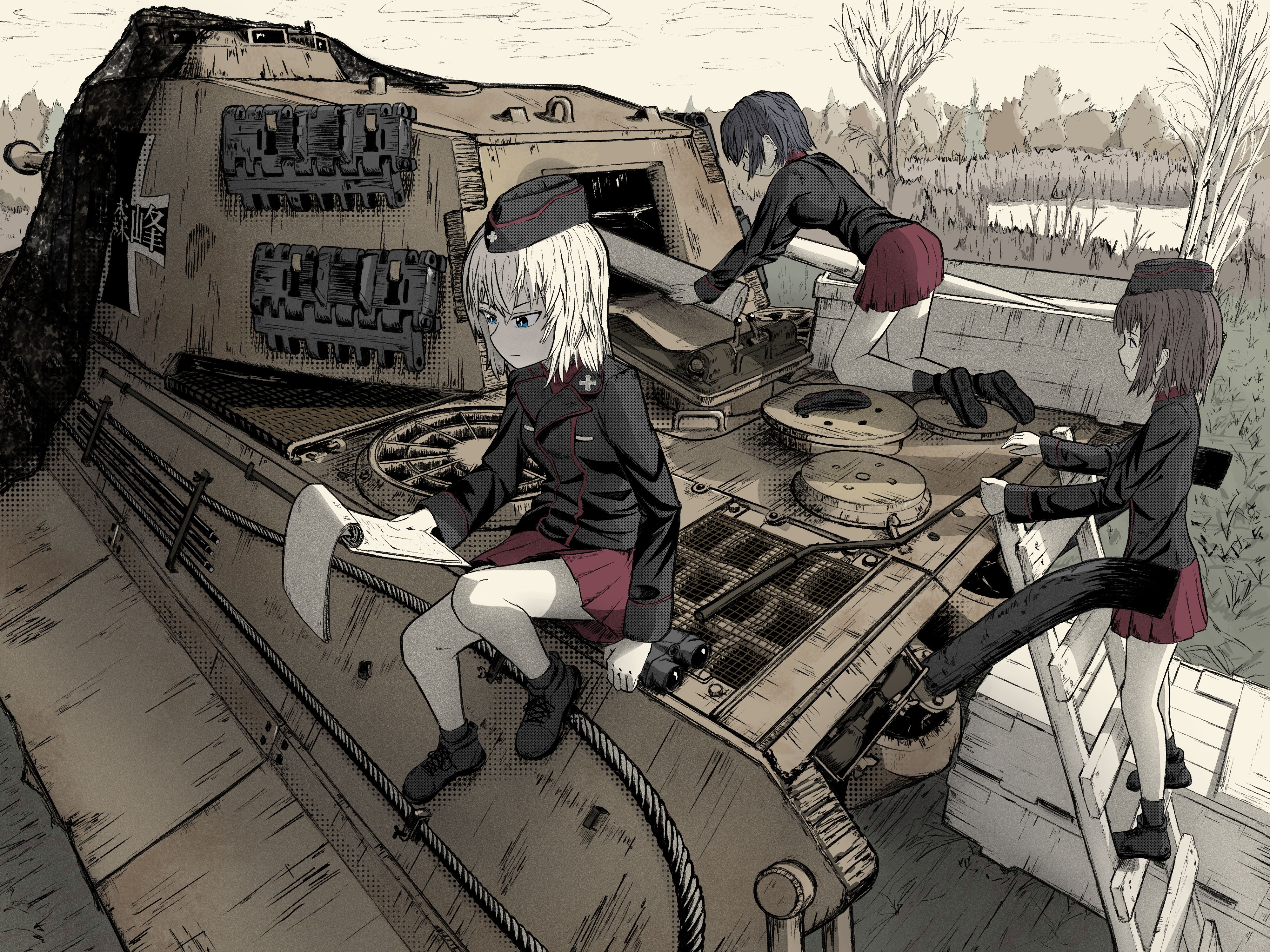 itsumi erika, girls und panzer, absurdres, highres, emblem, grey hair, hat, kuromorimine (emblem), kuromorimine military uniform, kuromorimine school uniform, medium hair, military, military hat, military uniform, military vehicle, motor vehicle, multiple girls, school uniform, skirt, tank, tank turret, tiger ii