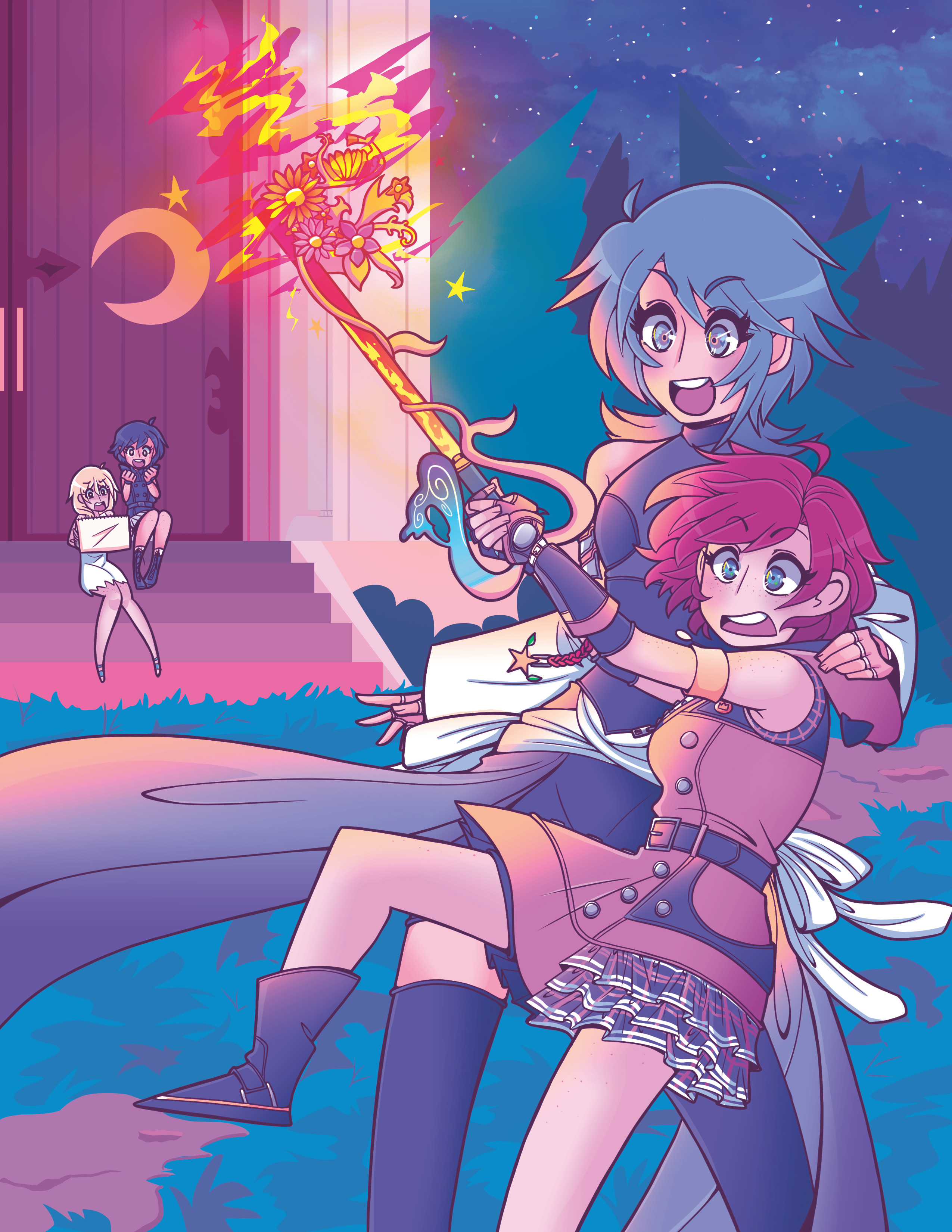 aqua (kingdom hearts), kairi (kingdom hearts), namine, xion (kingdom hearts), kingdom hearts, kingdom hearts iii, absurdres, commentary, english commentary, highres, + +, 4girls, ahoge, belt, black belt, black boots, black hair, black shirt, blonde hair, blue eyes, blue hair, blush, boots, crescent, dapandabanda, destiny's embrace (kingdom hearts), detached sleeves, door, dress, eyelashes, freckles, grass, hand on another's shoulder, holding, holding sketchbook, holding weapon, hood, hood down, hooded dress, jewelry, keyblade, medium hair, multiple girls, multiple rings, night, open mouth, outdoors, pink dress, red hair, ring, shirt, short hair, sitting, sitting on stairs, sketchbook, sky, sleeveless, sleeveless dress, smile, stairs, standing, standing on one leg, star (sky), star (symbol), starry sky, teeth, tree, upper teeth only, weapon, white dress