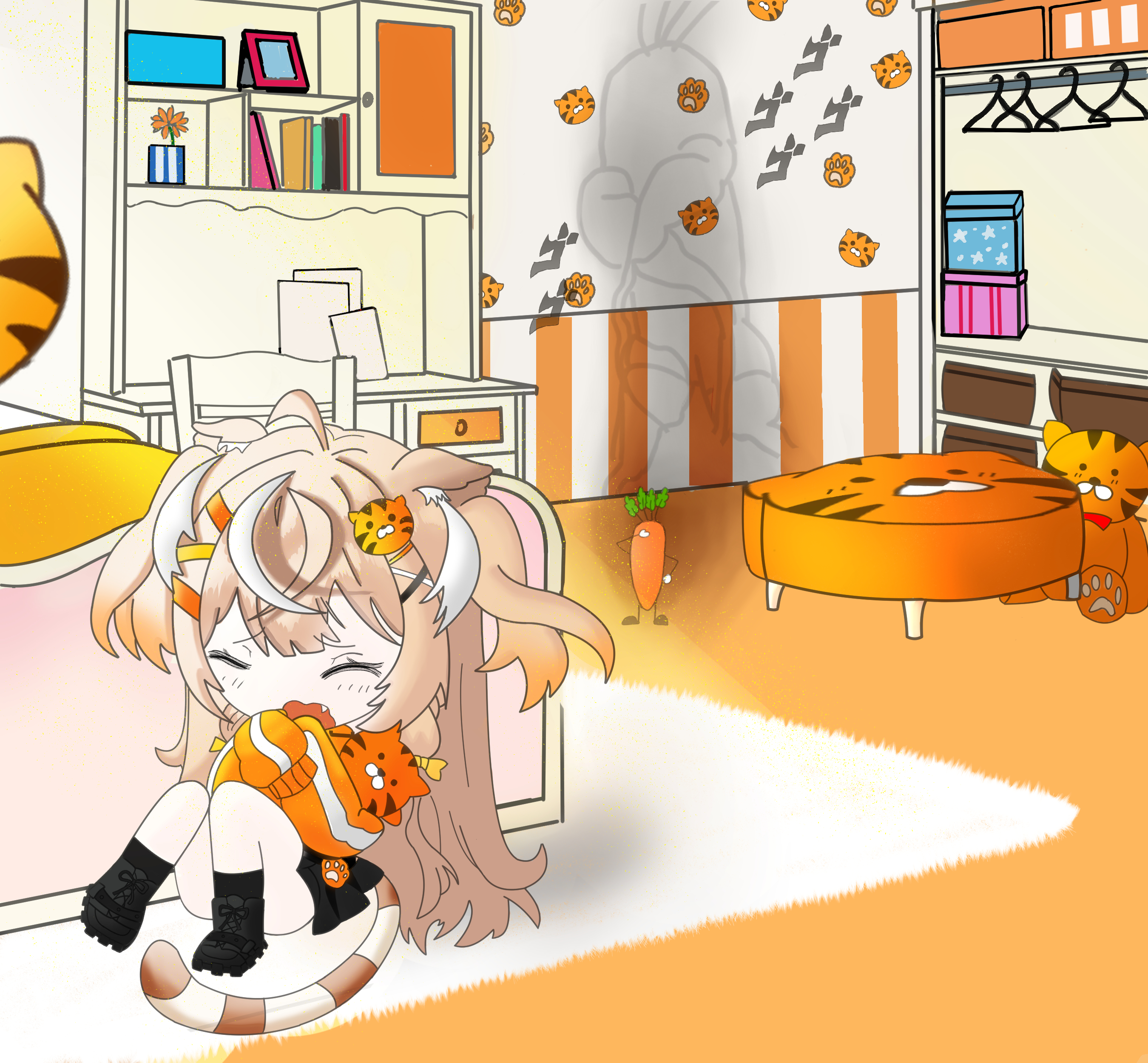 shabel tonya, chromashift, absurdres, highres, 1girl, ahoge, animal ears, bedroom, blonde hair, chibi, closed eyes, didier3.00, fang, hair ornament, hugging doll, hugging object, long hair, on floor, scared, stuffed animal, stuffed toy, tail, tiger girl, tiger tail, virtual youtuber