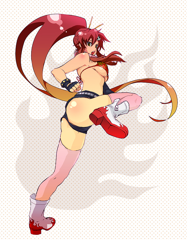 om2, yoko littner, tengen toppa gurren lagann, 00s, 1girl, ass, belt, bikini, bikini top only, boots, breasts, chopsticks, cleavage, female focus, fingerless gloves, gloves, gradient hair, hair ornament, kicking, large breasts, leg up, legs, long hair, looking back, micro shorts, midriff, multicolored hair, pink thighhighs, ponytail, red hair, scarf, short shorts, shorts, solo, swimsuit, thighhighs, thighs, underboob, yellow eyes
