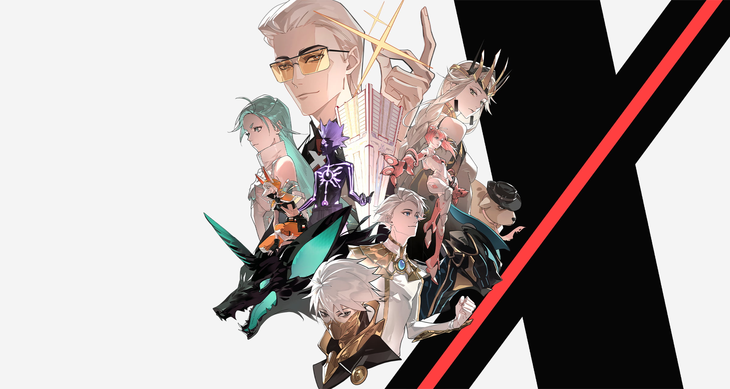 ahu (to be hero x), dragon boy (to be hero x), e-soul (to be hero x), ghostblade (to be hero x), loli (to be hero x), lucky cyan (to be hero x), nice (to be hero x), queen (to be hero x), x (to be hero x), to be hero, to be hero x, highres, official art, 2others, 3girls, 4boys, animal, animal ears, armor, baggy pants, bags under eyes, big johnny (to be hero x), black shirt, black skin, blue hair, braid, breasts, brooch, brown hair, building, capelet, clenched hand, collared shirt, colored skin, covered mouth, crown, dog, everyone, facial mark, fedora, forehead mark, fox ears, fox mask, full-body tattoo, full body, green eyes, hair slicked back, hat, helmet, hood, hood up, jewelry, knee up, light frown, little johnny (to be hero x), logo, looking at viewer, looking back, mask, mohawk, mullet, multiple boys, multiple girls, multiple others, narrowed eyes, necktie, orange capelet, outstretched arms, pants, pink hair, purple hair, red necktie, riding, riding animal, serious, shirt, single braid, skeleton print, smirk, snapping fingers, sparkle, tattoo, tinted eyewear, turtleneck, upper body, white hair, yellow-tinted eyewear